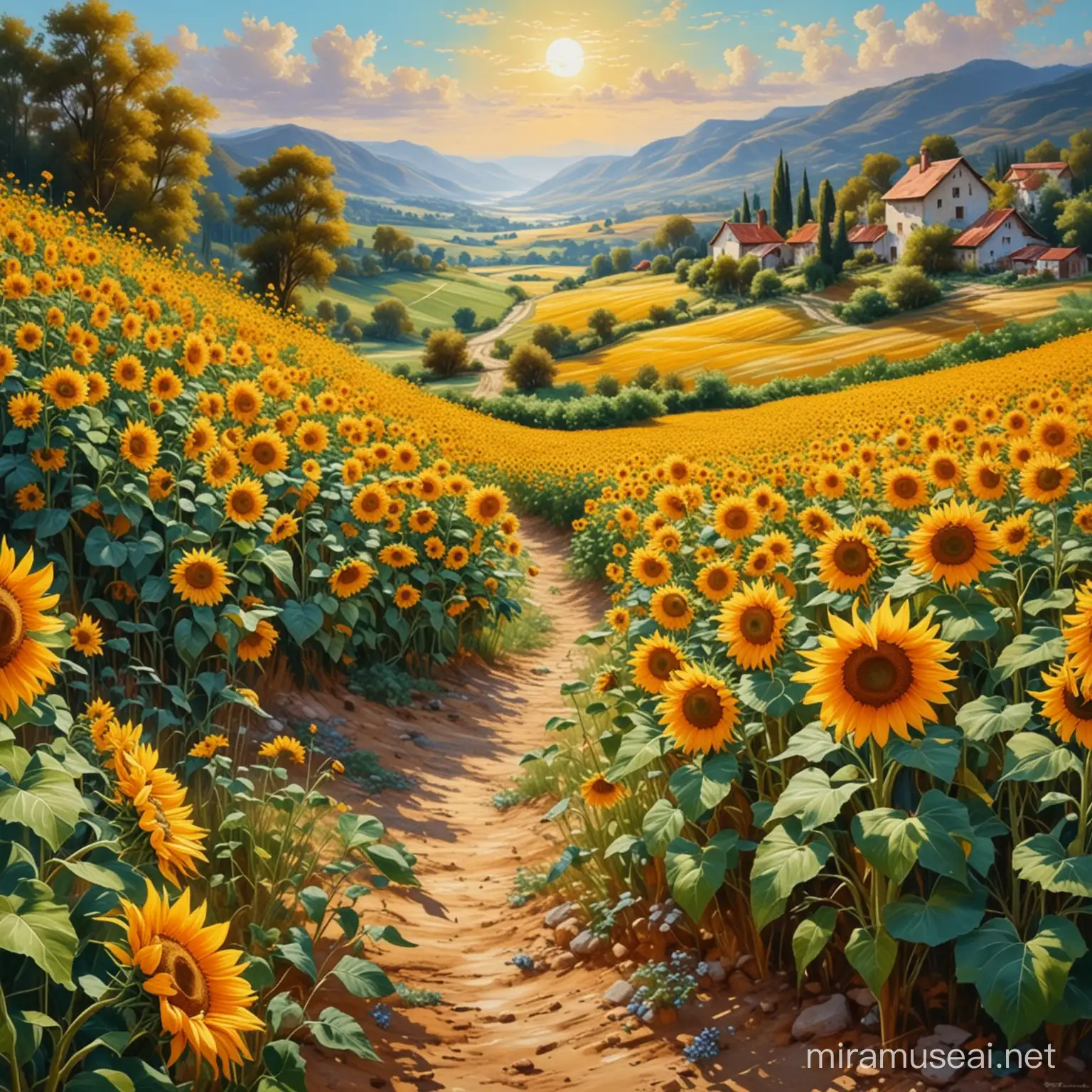 realistic and impressionistic style warm and vibrant with valley of sunflower 
