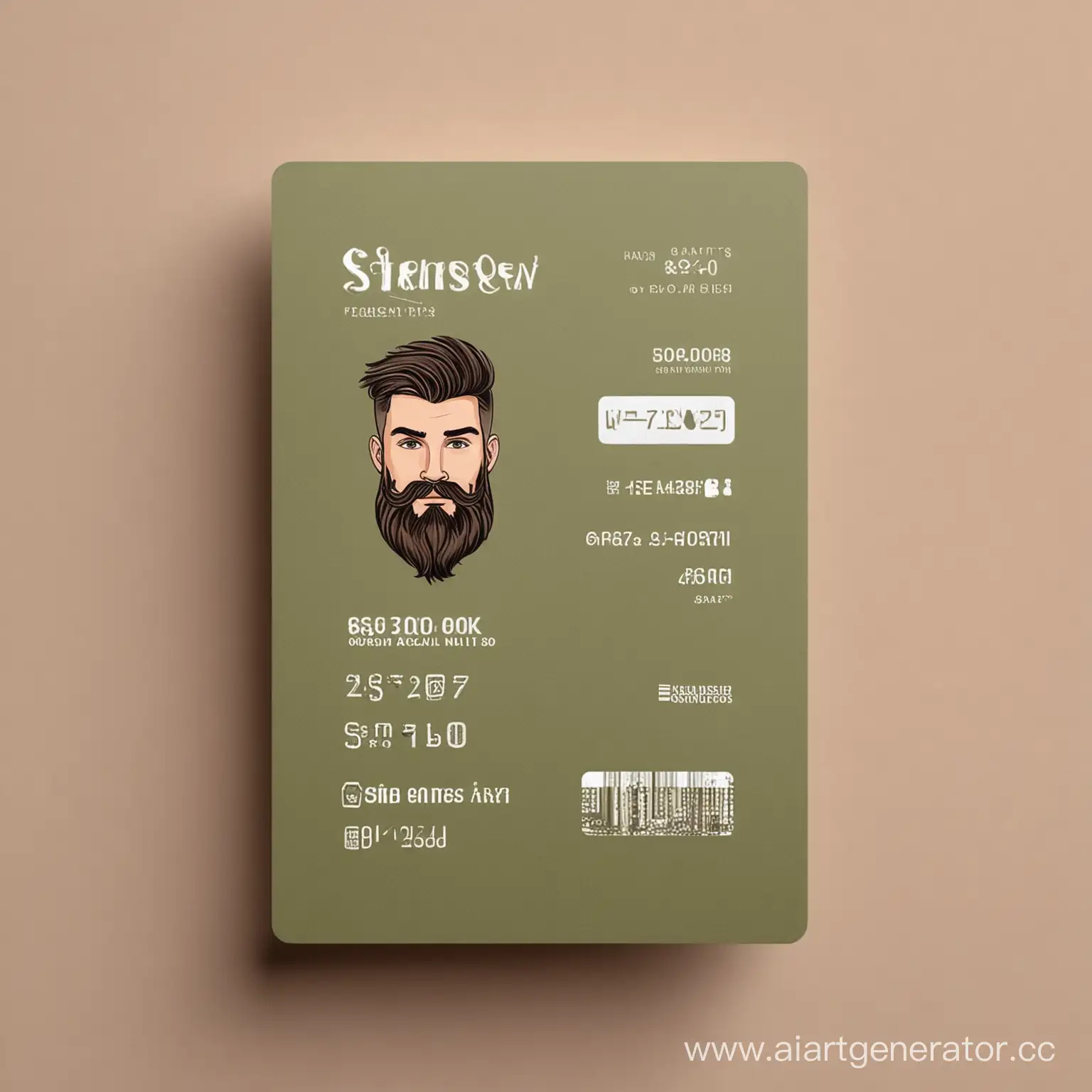 Generate a price list for haircuts, beards and promotions. in the style of a credit card . In khaki color, aesthetic appearance