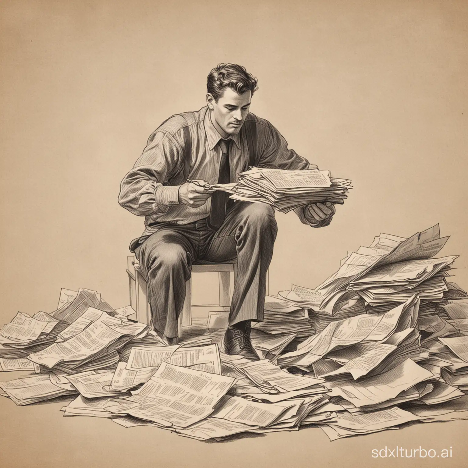 drawing of a man picking up many papers