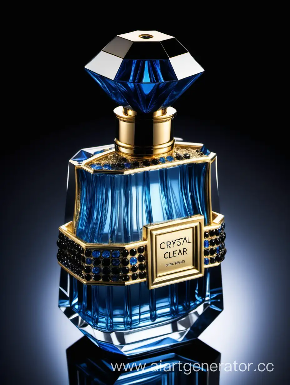 a crystal clear perfume bottle made of blue, black, and gold transparent