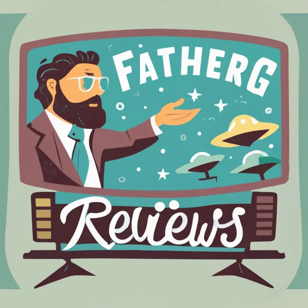 logo, Man in suit and beard man of god infront of tv with eyes and ufos about, with the text "FATHER G REVIEWS", typography, be used in Internet industry