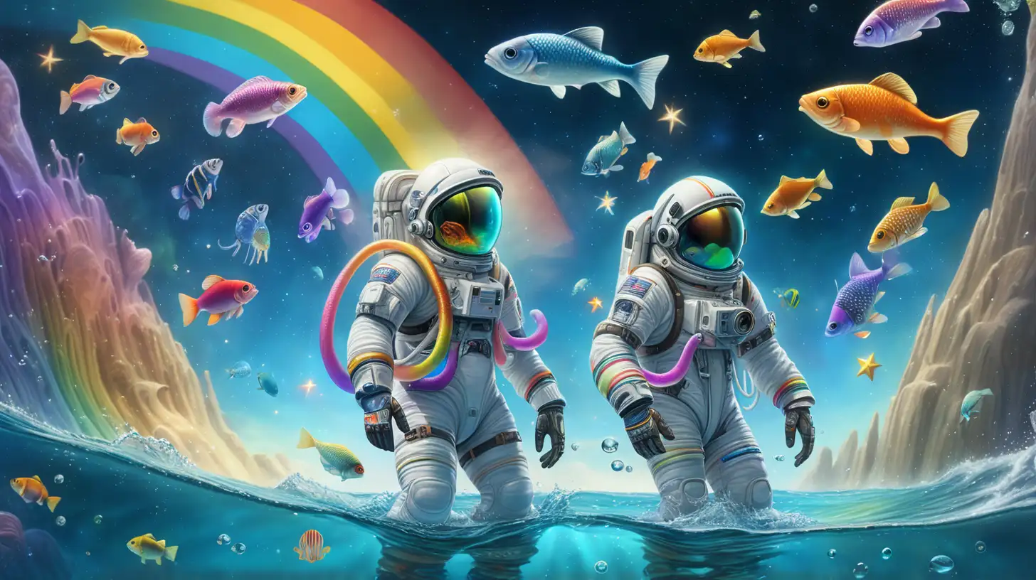 Spacesuit made out of rainbows, torn up, darkness spilling out of suit, reflecting off of water, fish flying in sky squids with stars,