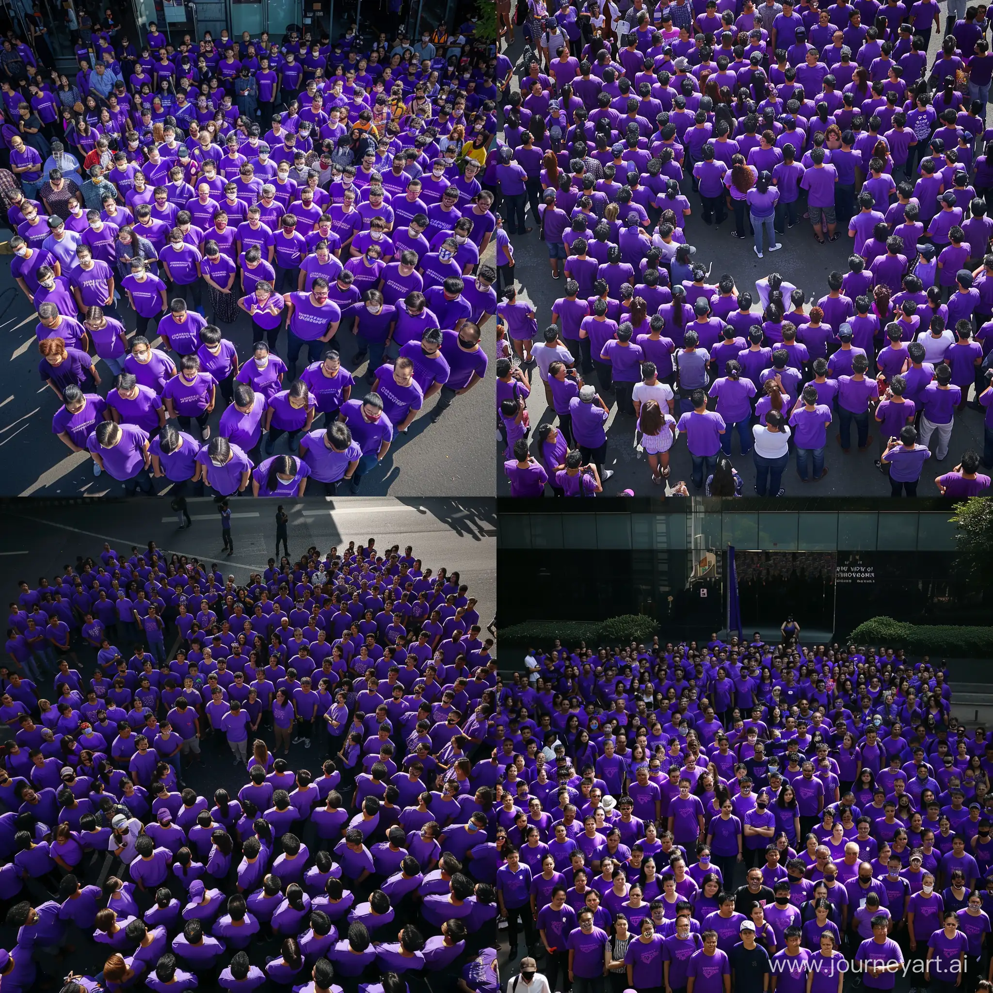 Thousands of Thai people wearing purple T-shirts stand in front of Move-Forward Party Office, They stand in a shape of heart.