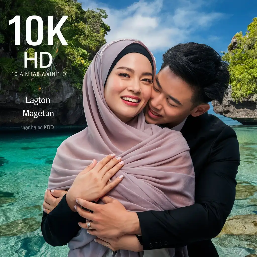 Gambar HD 10k full seluruh badan. Pasangan asia umur 27 tahun, wanita memakai hijab dan cadar  sedang dipeluk dari belakang oleh pria. realistis, romantis dan dramatis foto.background  pemandangan telaga sarangan Magetan.