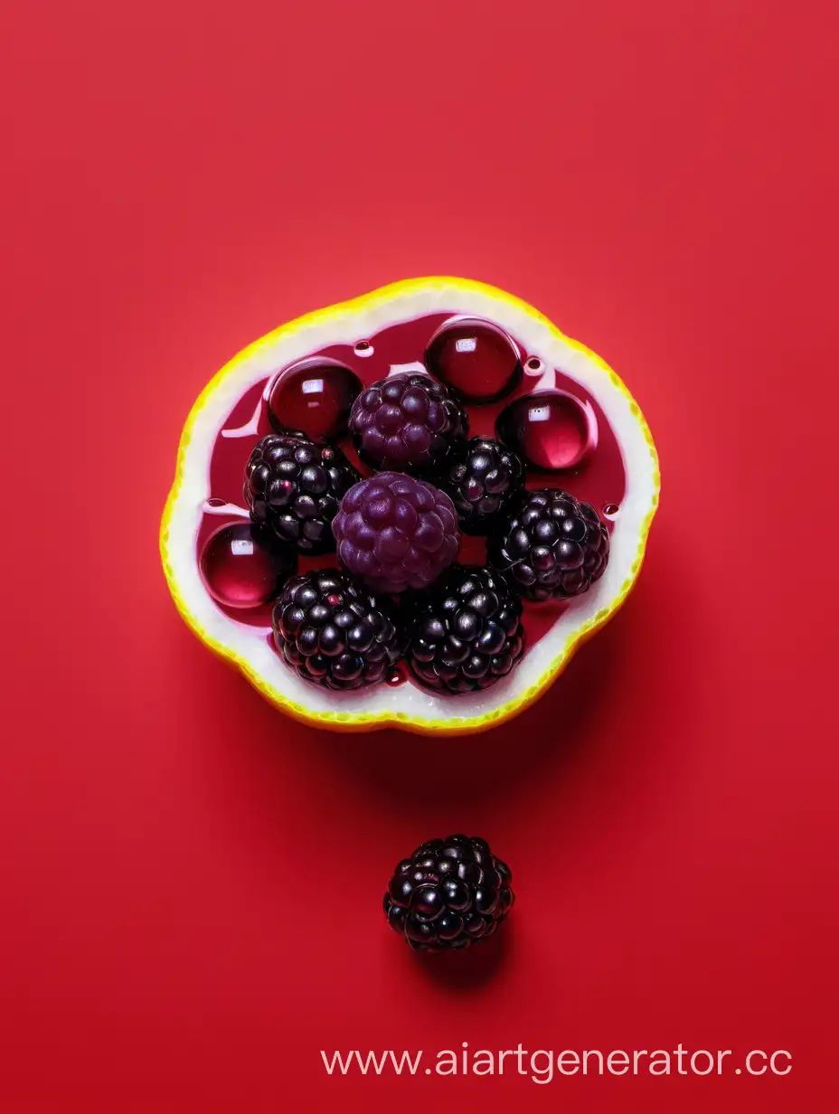 Boysenberry with lemon slices water drop on RED background