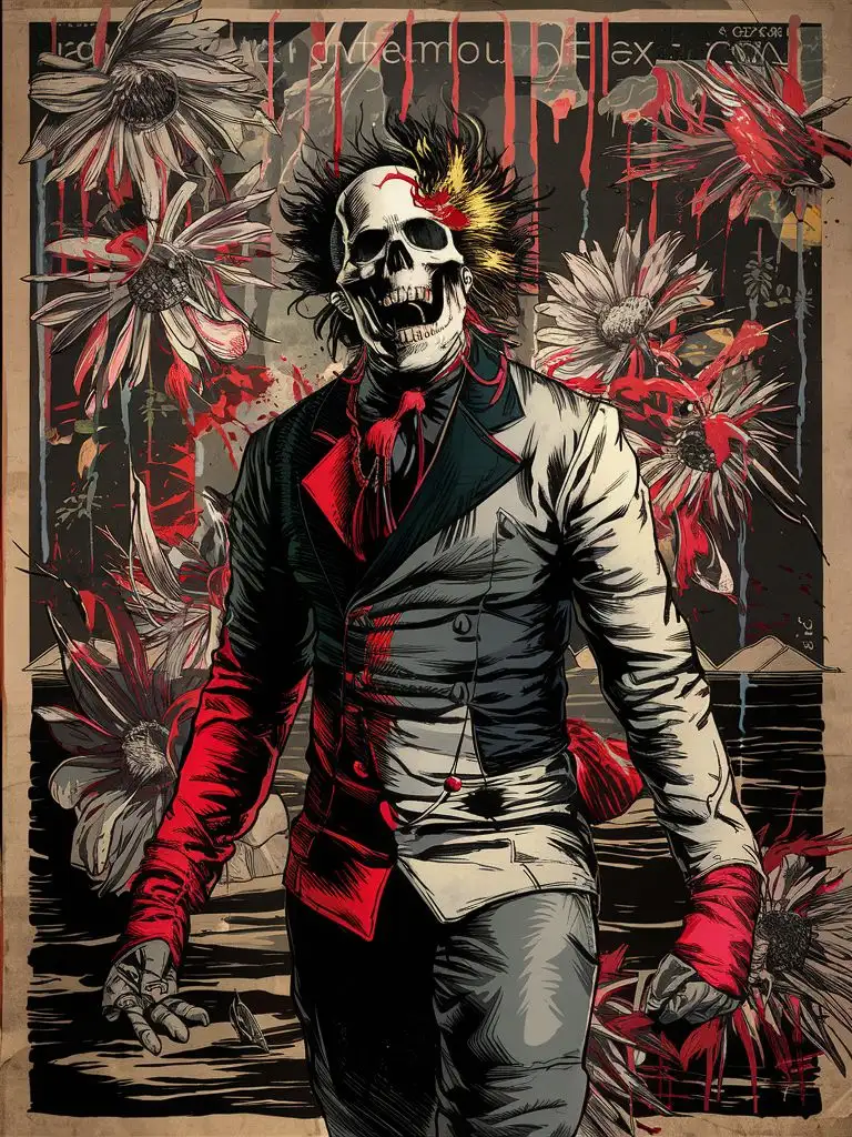 motley, skull face, explosive laugh, asymmetrical, Alphonse Mucha background poster, unfocused background, explosive wild flowers dripping paint, comic book, high textured paper, hyperdetailed lineart, dark water, red, black, gray, white, sticker art