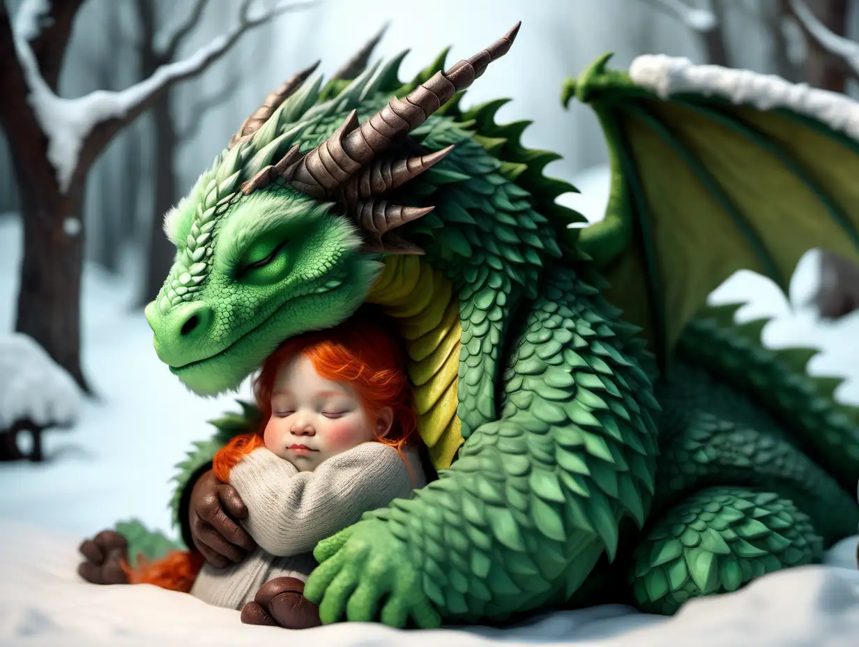 Adorable Realistic Fluffy Green Dragon Sleeping in Winter Embrace