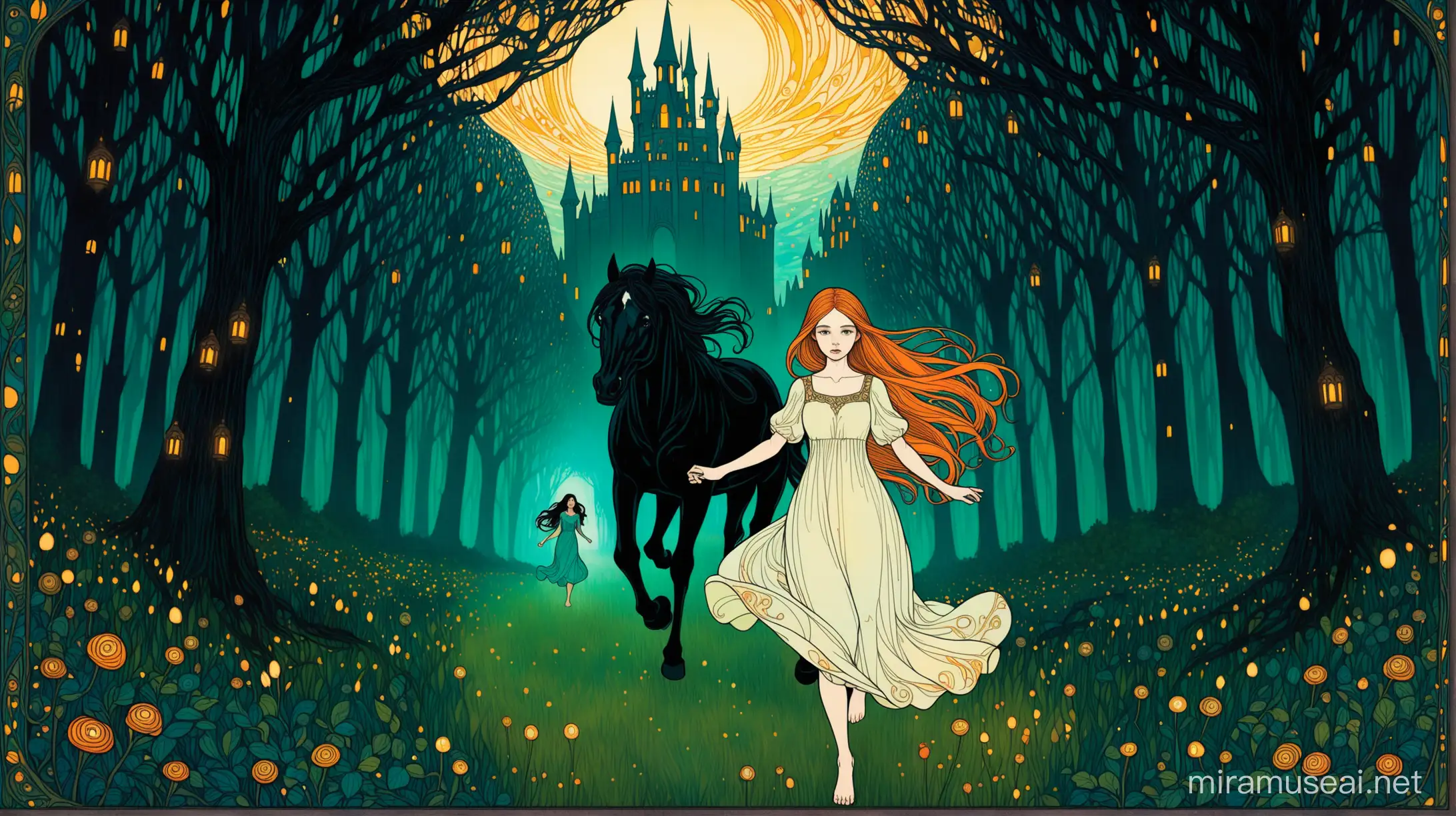 A large horse and a very young Caucasian  woman running through a dark enchanted forest with a castle in the background corpse beautiful dress petite art  long hair surrealism horror scary art nouveau Klimt barefoot fairytale colorful and simple romantic 



