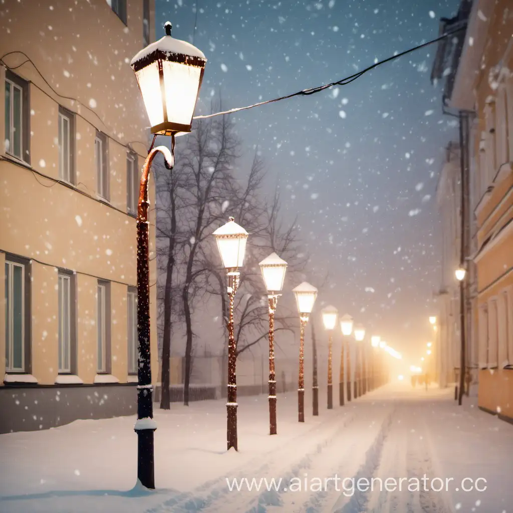 russian city, street, evening, lantern light, first tonight snow
