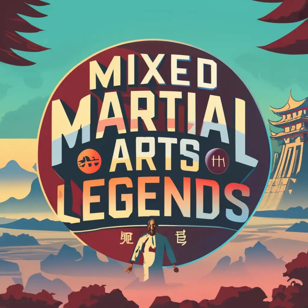 logo, text "MIXED MARTIAL ARTS LEGENDS" in a circular logo around a Chinese landscape backdrop, with the text "Mixed Martial Arts Legends", typography, be used in Entertainment industry