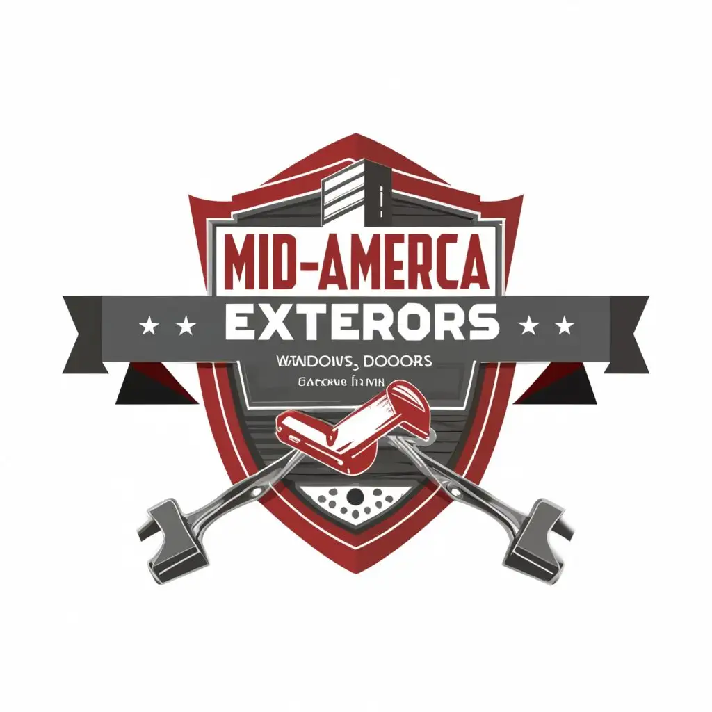 a logo design,with the text "MID-AMERICA EXTERIORS
Roofing • Siding • Windows • Doors • Gutters", main symbol:Simple Old Late 1930s panel truck style ART DECO SHIELD with hammer and saw integrated into the design,bauhaus font text, red, white and blue, be used in Construction industry