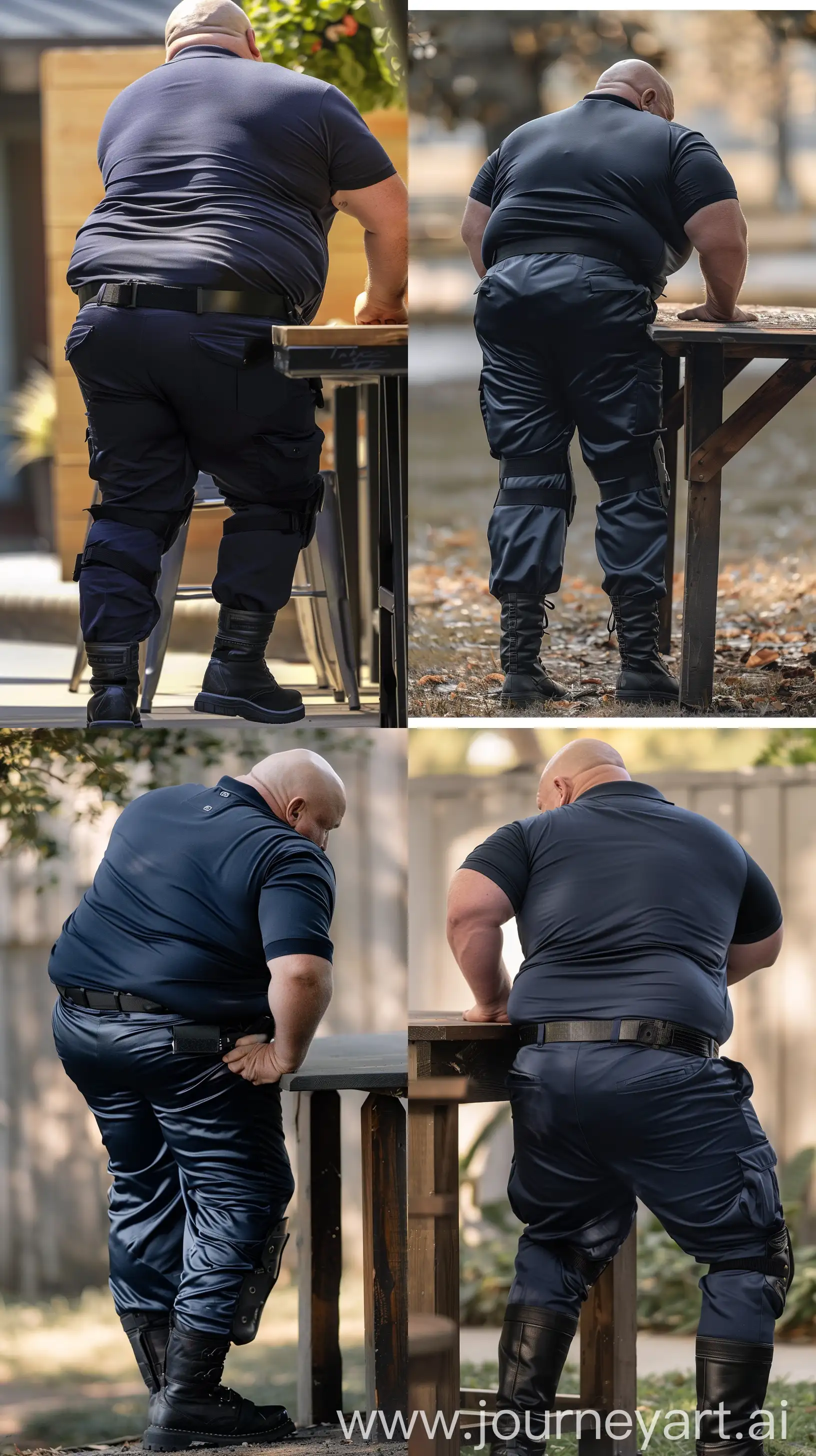 Close-up full body back view photo of a extremely fat man aged 60 standing next to a very high table. The man is wearing silk navy tight stretched battle pants tucked in black tactical boots, tucked in silk navy sport polo shirt and a black tactical belt. The man is standing straight and bending slightly forward with both elbows placed on the table and leaning on one leg. Outside. Bald. Clean Shaven. Natural light. --ar 9:16