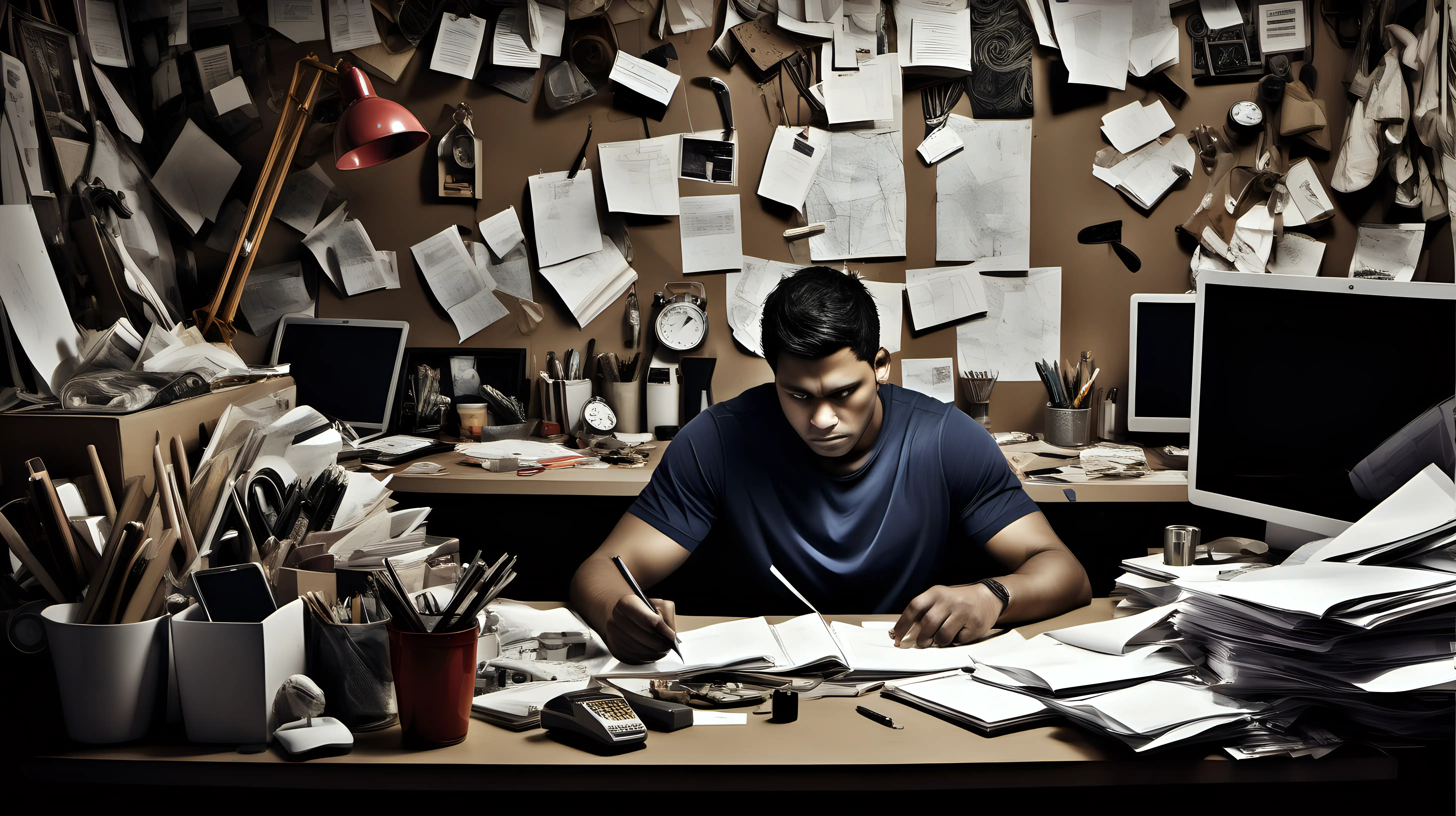 Determined Professional Amidst Cluttered Workspace Striving for Success