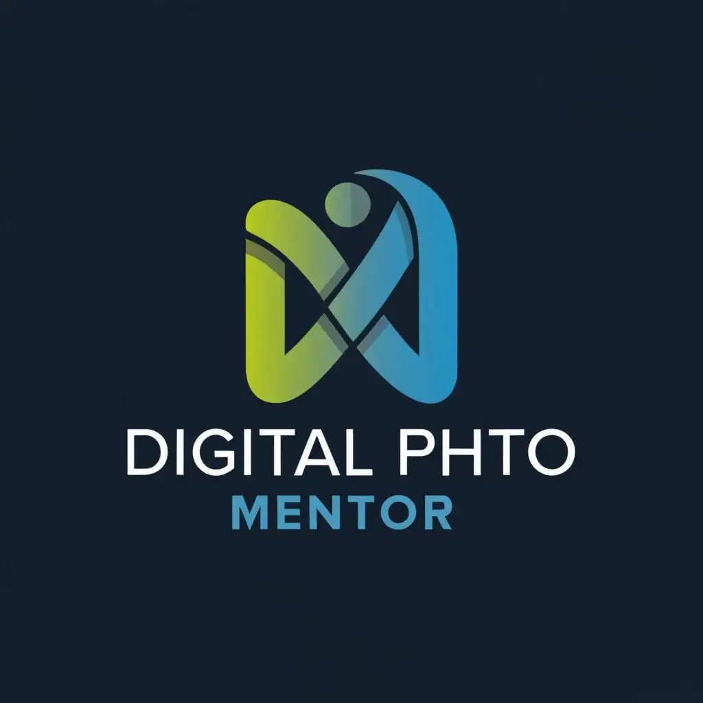 a logo design,with the text "Digital Photo Mentor", main symbol:M D (darkish green,leaf green, navy blue,Moderate,be used in Technology industry,clear background