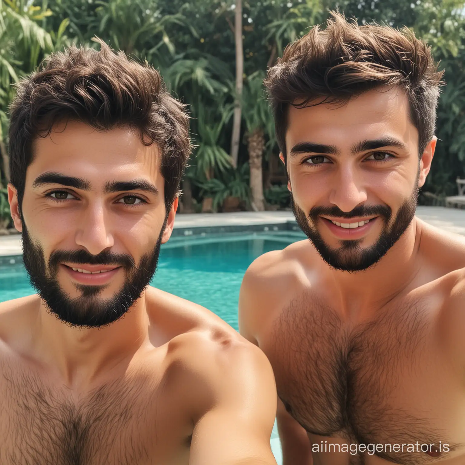 young, two, average-looking, Syrian men, with one having a beard and another with stubble, one wearing black swimshorts, chest and arm hairs, the other wearing dark green swimshorts, generated to look like a selfie, by a poolside, with some blur to make it appear as if taken from the front camera of a smartphone, detailed skin, bushy eyebrows, photorealistic