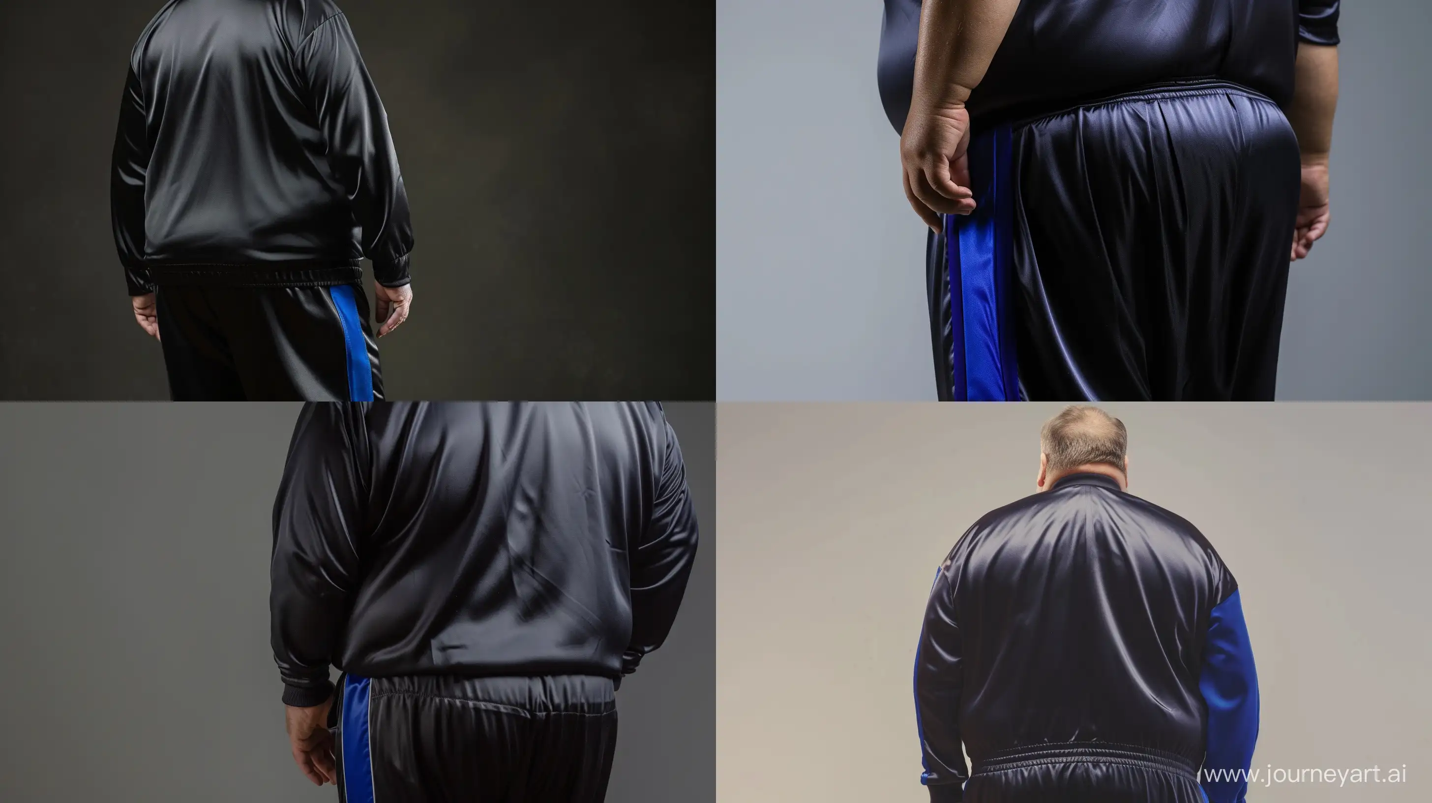 Back view close-up photo of a fat man aged 60 wearing a one piece silk navy tracksuit with royal blue stripe on the leg. Studio Lighting. River. --style raw --ar 16:9