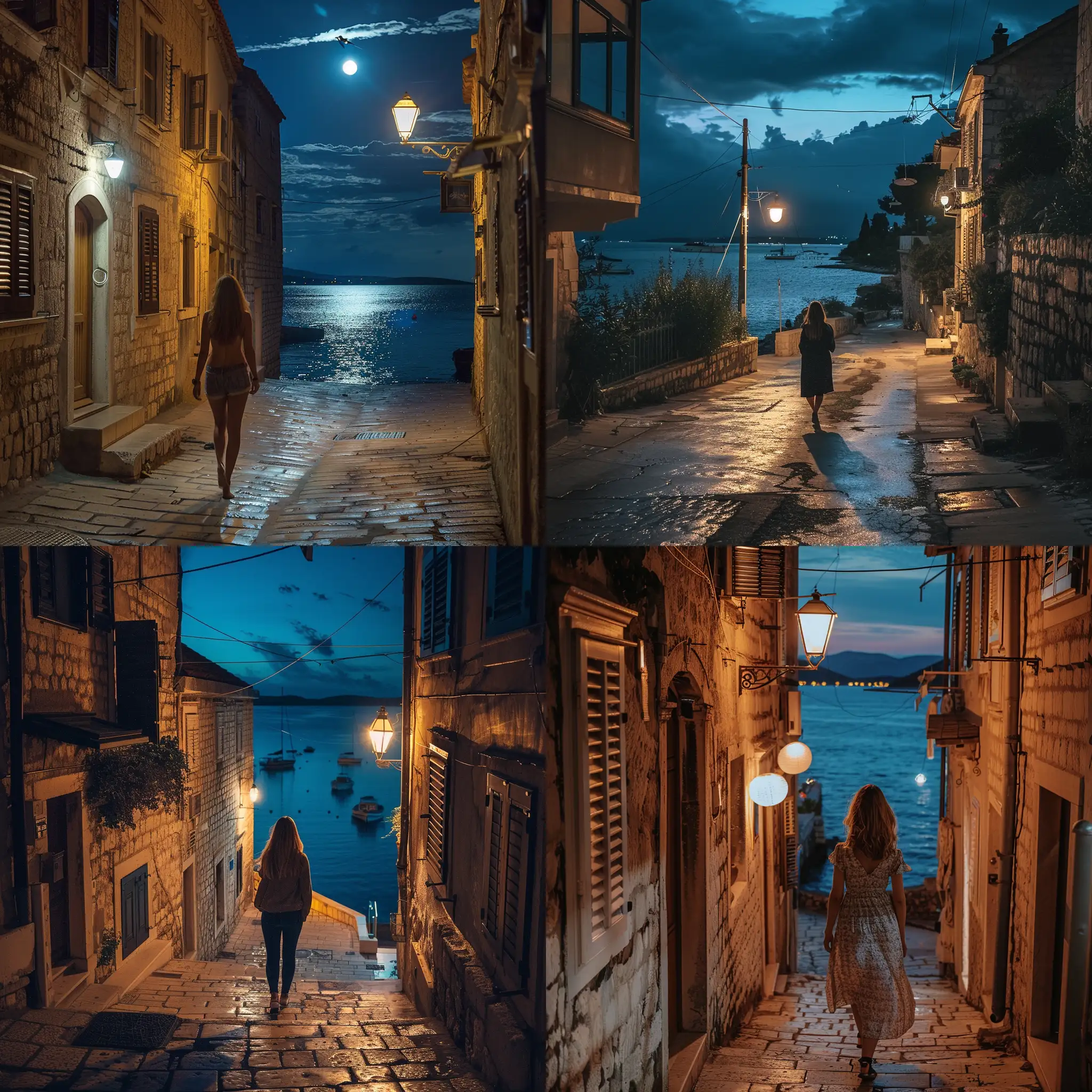 a woman walking on the streets close to the sea in Croatia at the night