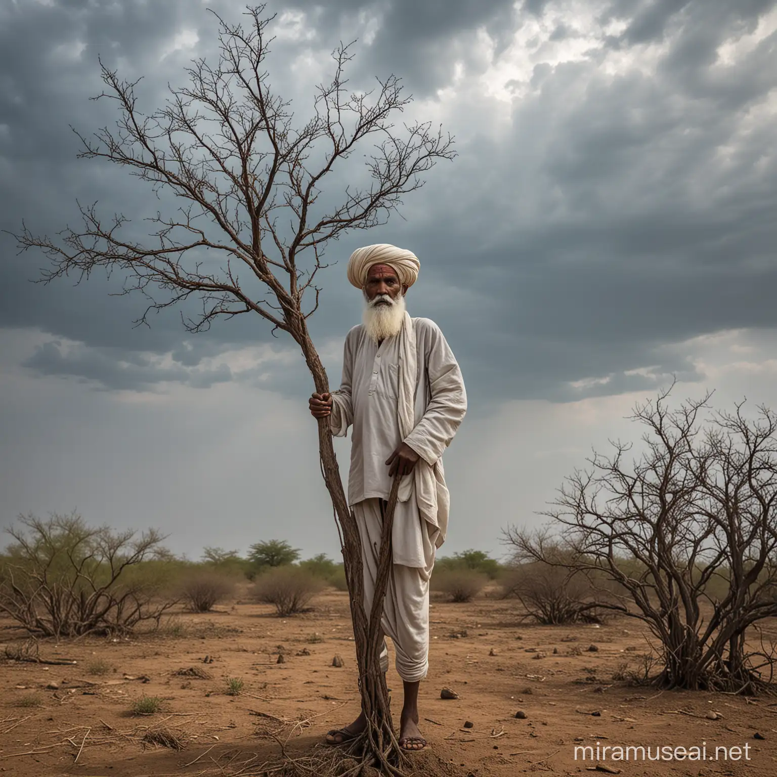 a skinny dark black rabari farmer 80 years white beard white turban fullbody is standing with branches on his head on old rajasthan landschape  by cloudy sky 20 mm fuji xt3