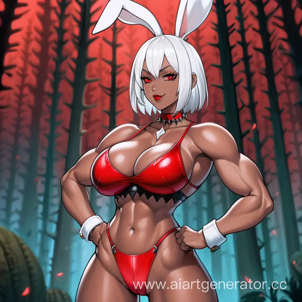 Fantasy Forest, 1 Person, Women, Human, White hair, Long Rabit Ears, Short hair, Spiky Hair style, Dark Brown Skin, Scarlet Red Full Body Suit,  Chocer,  Scarlet Red Liptsick, Serious smile, Big Breasts, Scarlet Red eyes, Sharp Eyes, Flexing Muscles, Hard Abs, Toned Abs, Big Muscular Arms, Big Muscular Legs, Well-toned body, Muscular body, 