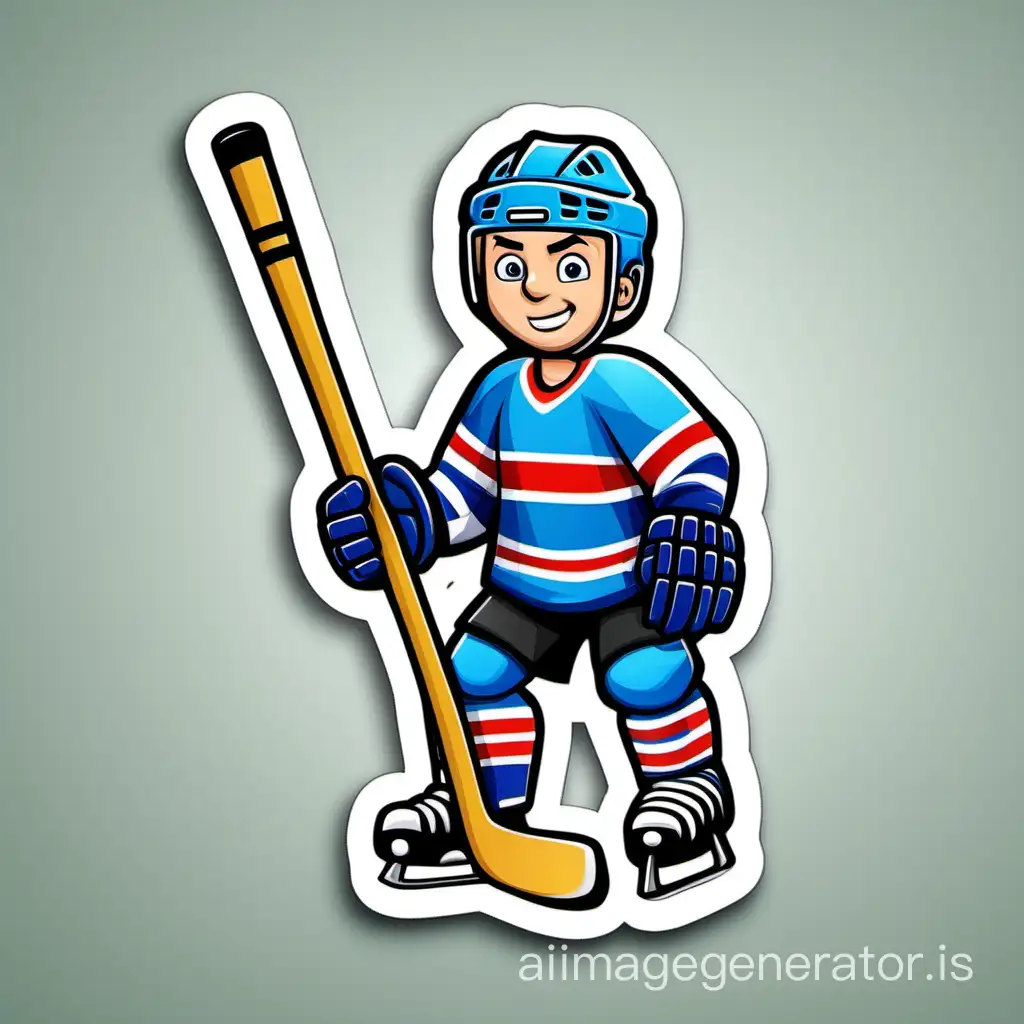 Cartoon-Hockey-Man-Holding-Sticker-and-Hockey-Stick