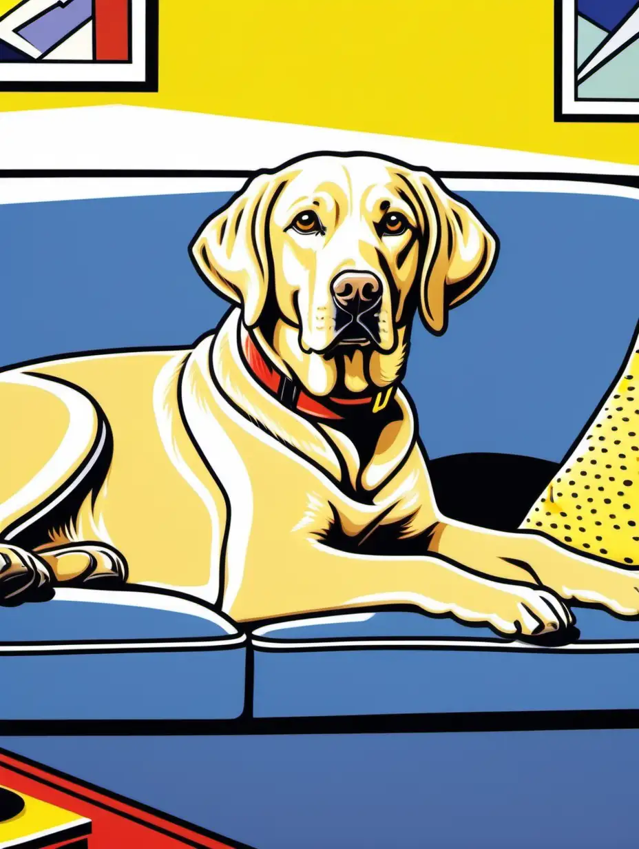 a cartoon character yellow labrador retriever laying on a couch, without collar, in a cozy living room, vibrant color, white background, in the combination style of Roy Lichtenstein 