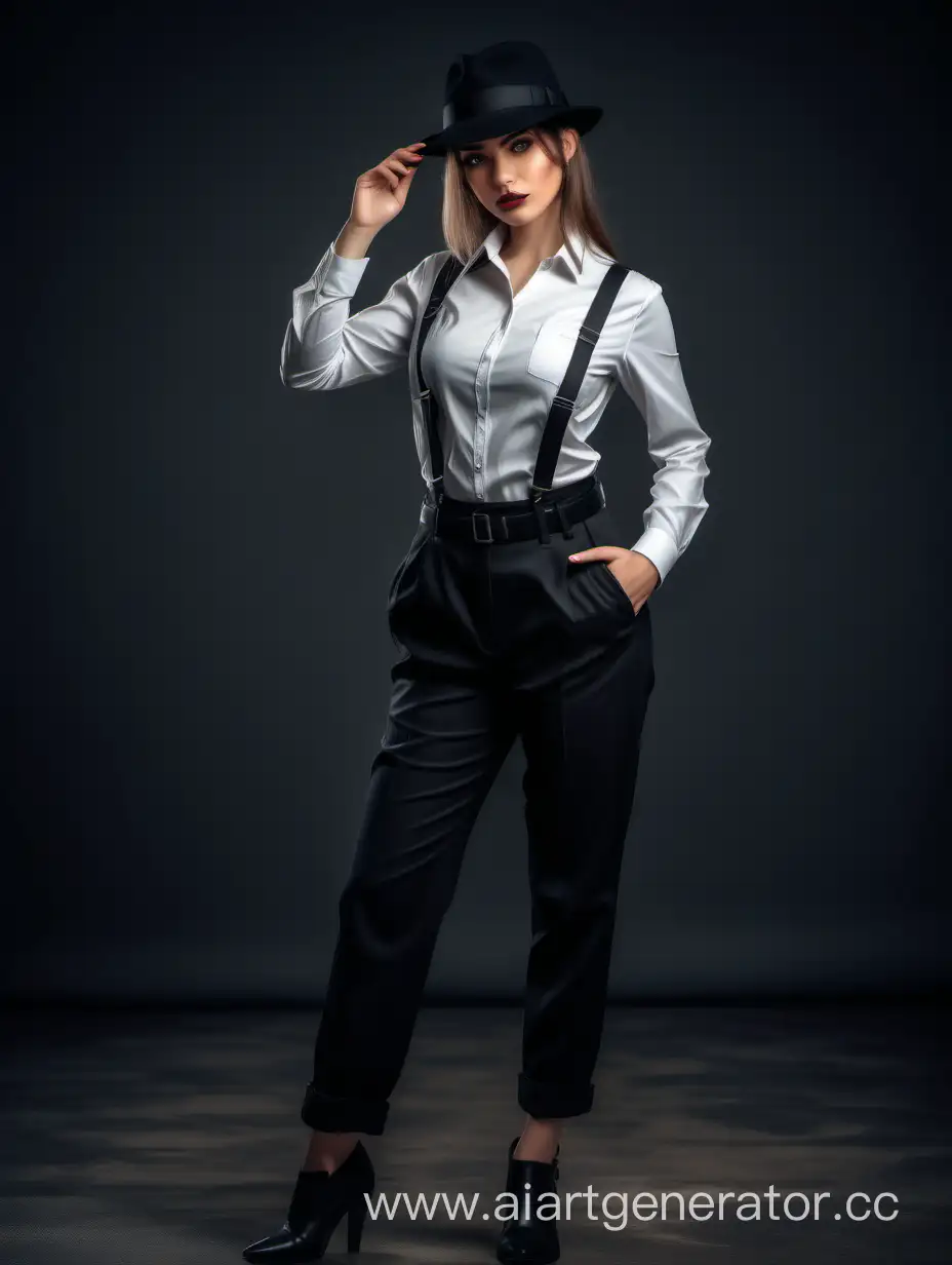 beautiful girl in black trousers, shirt with straps, detective hat, full-length, realism, professional photography