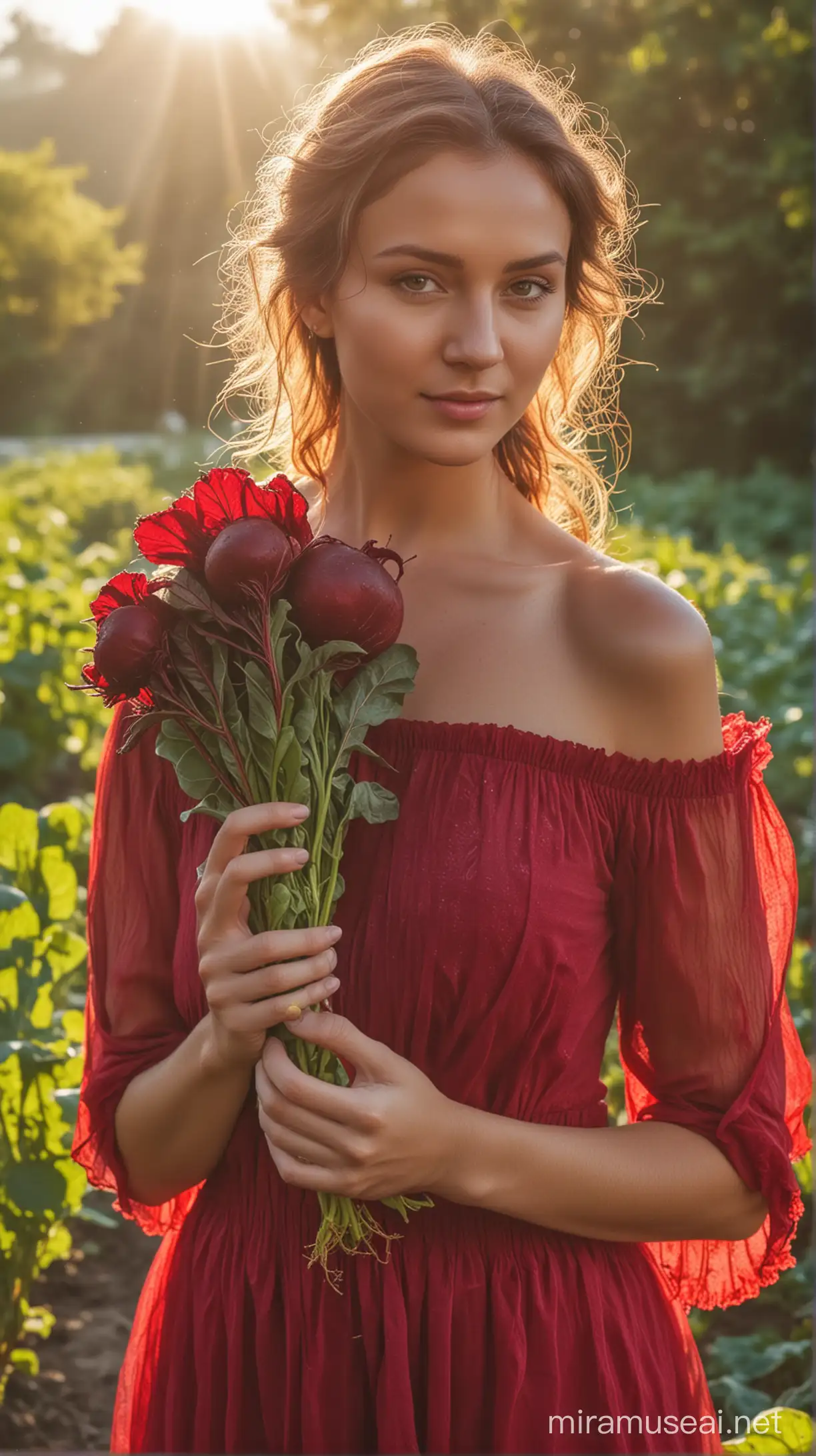 Ethereal Angelic Women in Red Dresses Holding Beetroot in Natural Morning Light