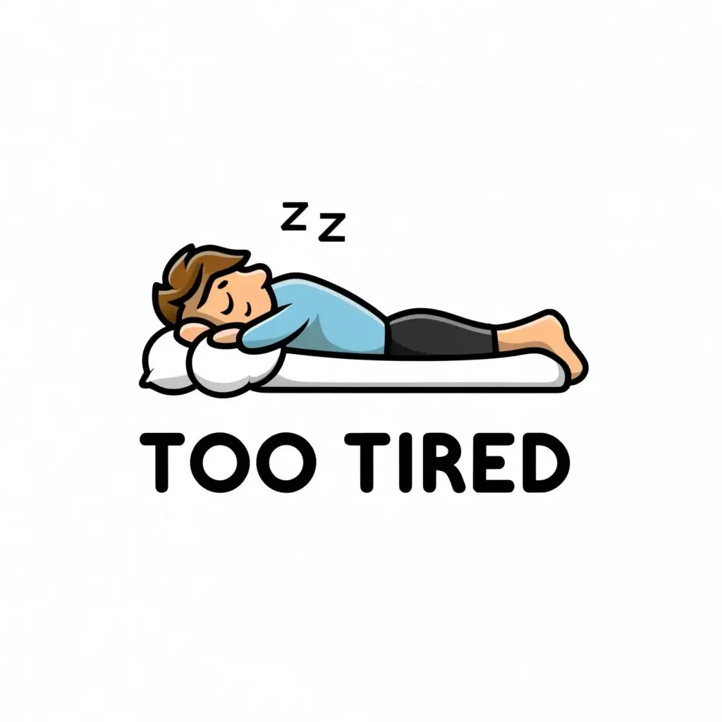 a logo design,with the text "Too Tired", main symbol:cartoon man in black and white sleeping on the Too Tired text as the bed,Minimalistic,be used in Retail industry,clear background, remove the bed the person is sleeping on and rest him on top of the text