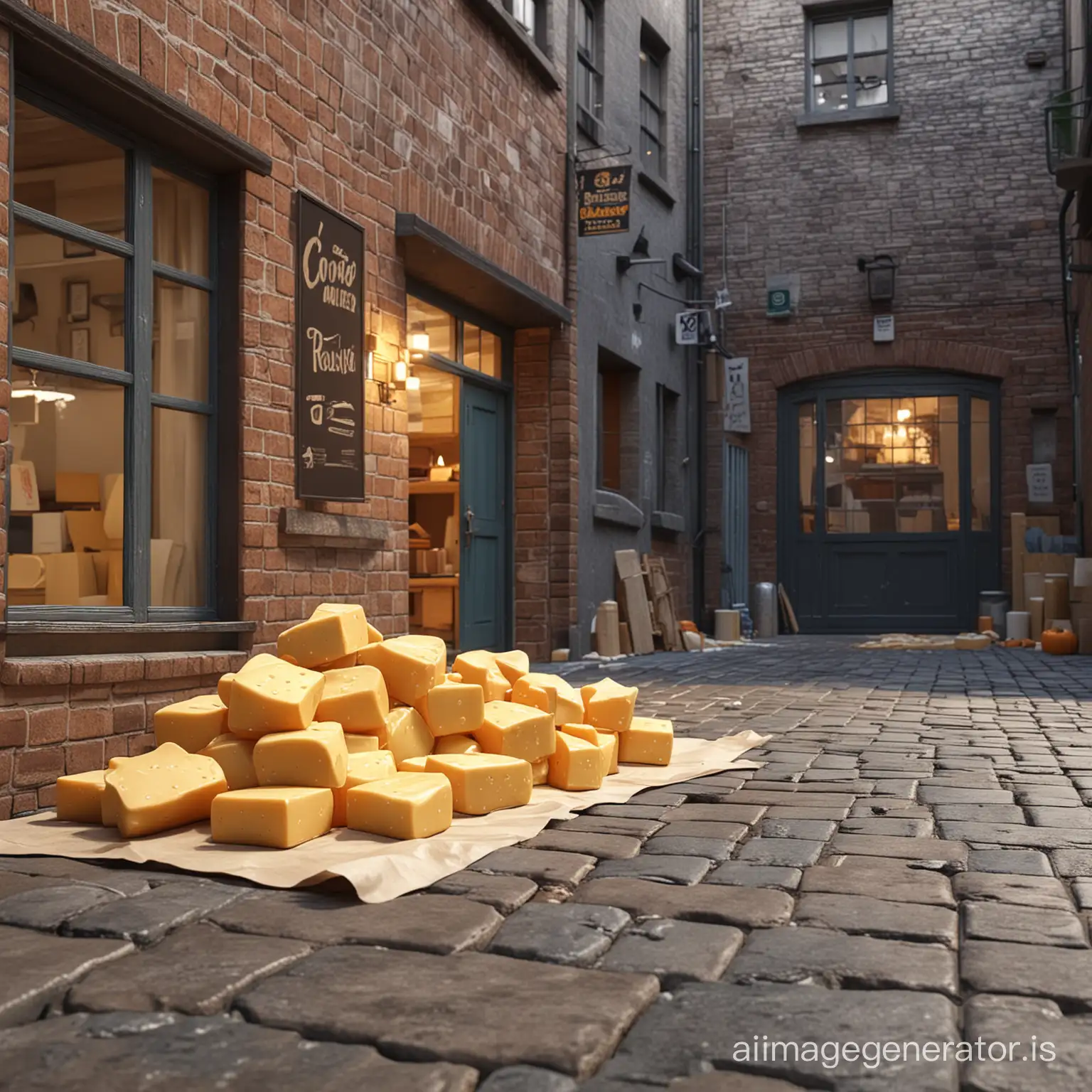 back alley, outside cheese chop, cheeses wrapped in paper, on floor, cartoon, 3d, render, 4k