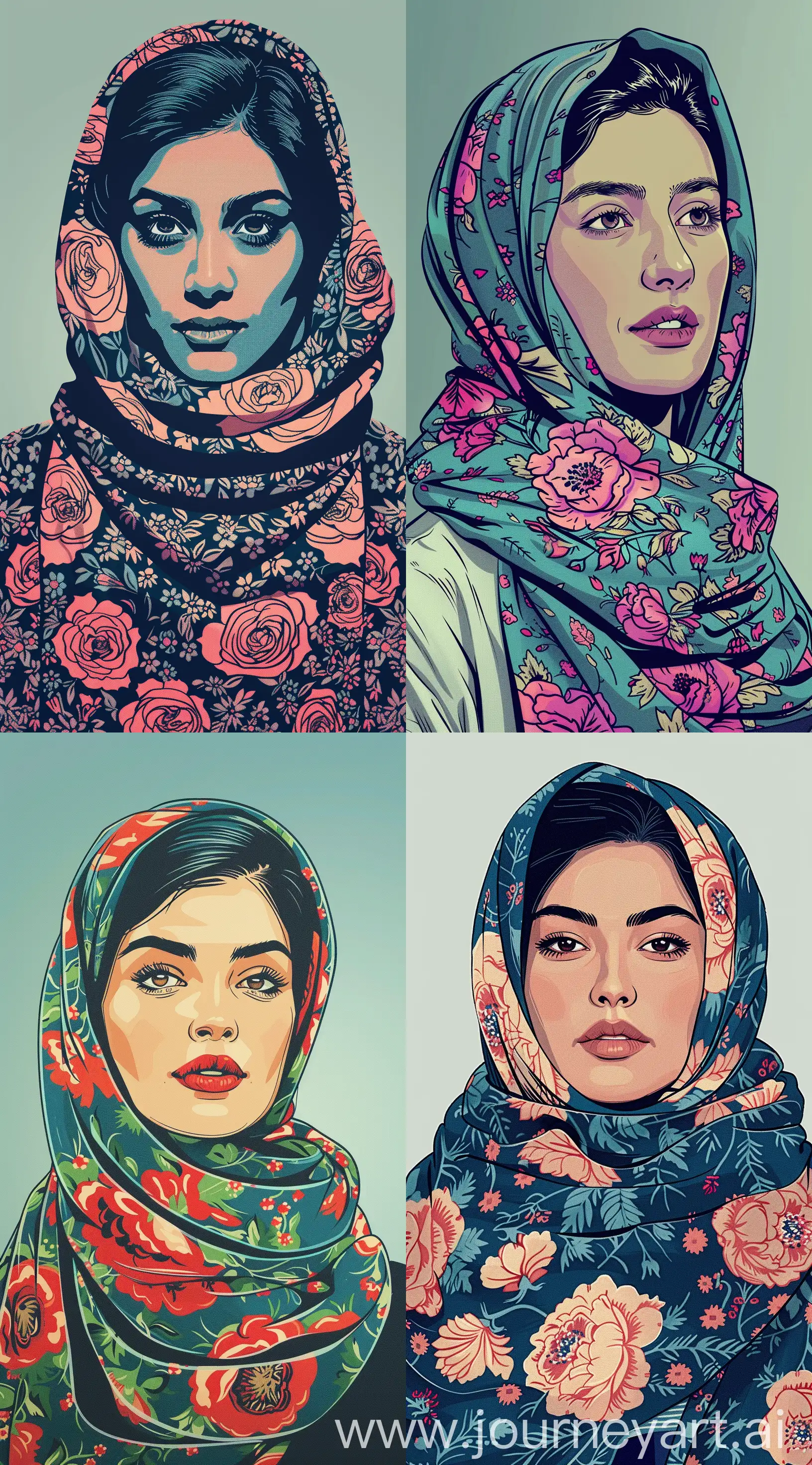 front facing headshot of a persian woman wearing a floral patterned scarf, pop art style,  vector illustration style, in the style of detailed comic book art, light cyan and navy, realistic hyper-detail, flickr, woodcut-inspired graphics, detailed character illustrations, --ar 71:128 --v 6