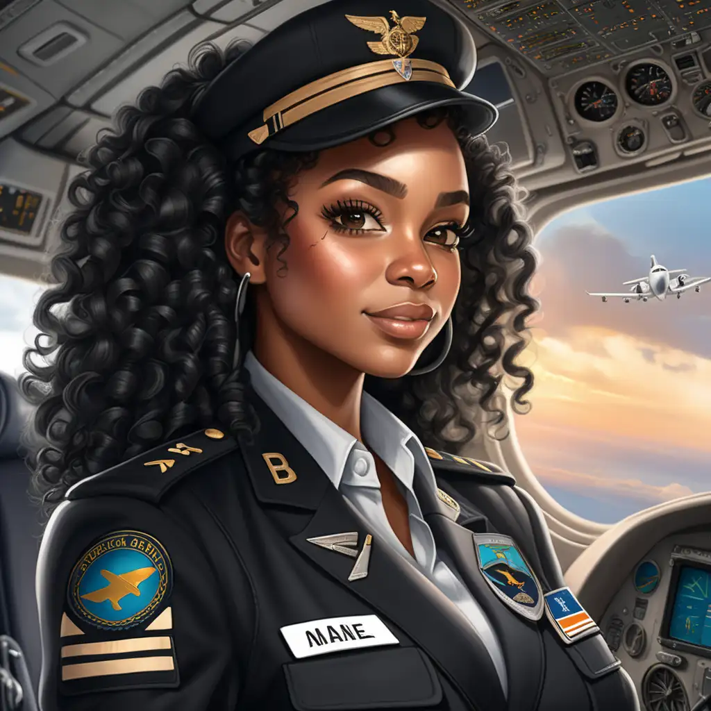 An realistic beautiful
Black woman wearing black color naturally curly hair with baby hairs, she is a pilot, Boss babe, dressed in pilot uniform, she is cockpit flying a plane for a airline 