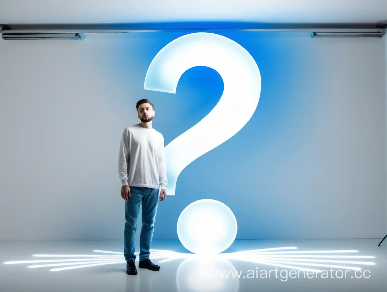 a man in a light studio in full-length white next to him is a large question mark in translucent blue