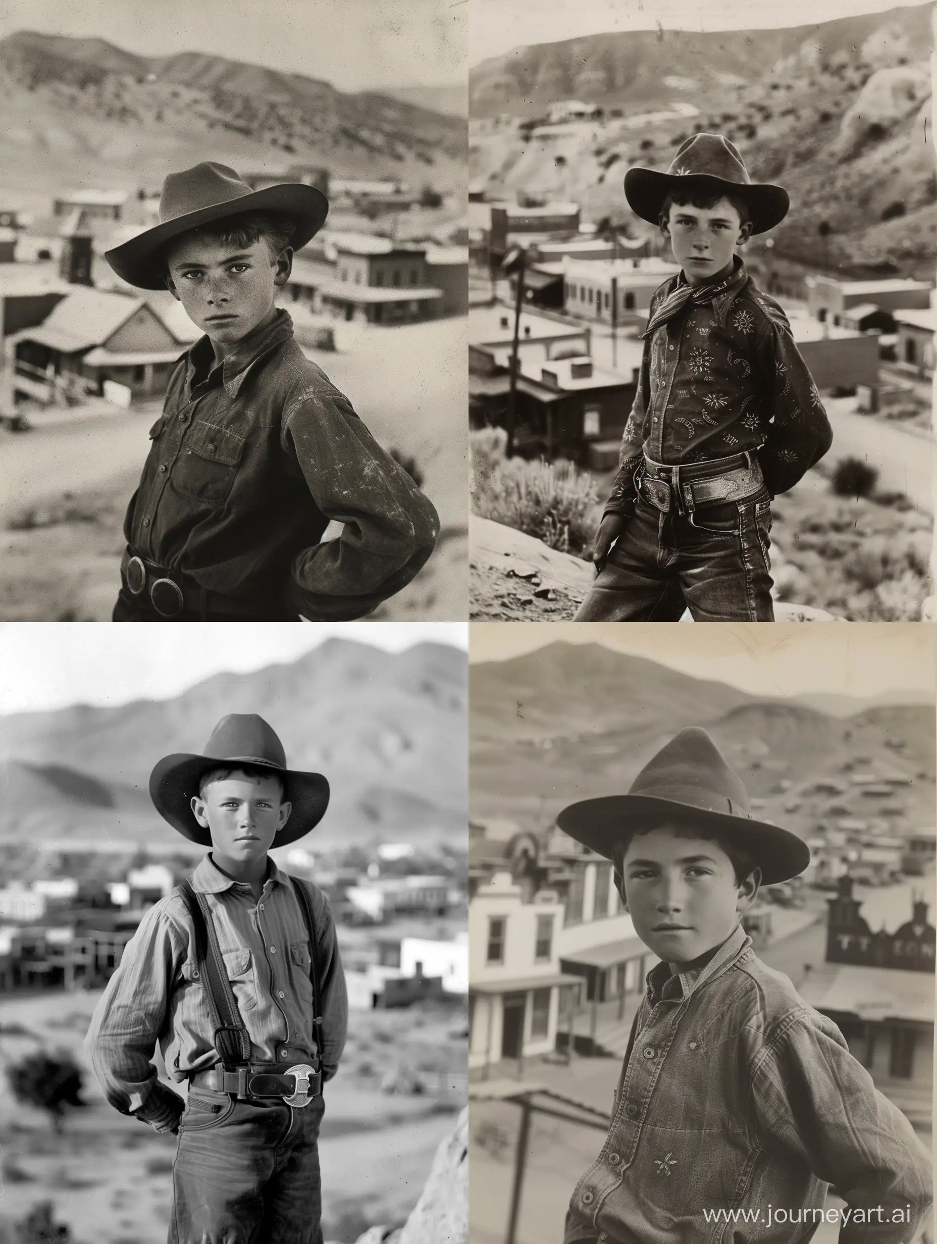 black and white photograph of a young cowboy posing in front of a town in the old west