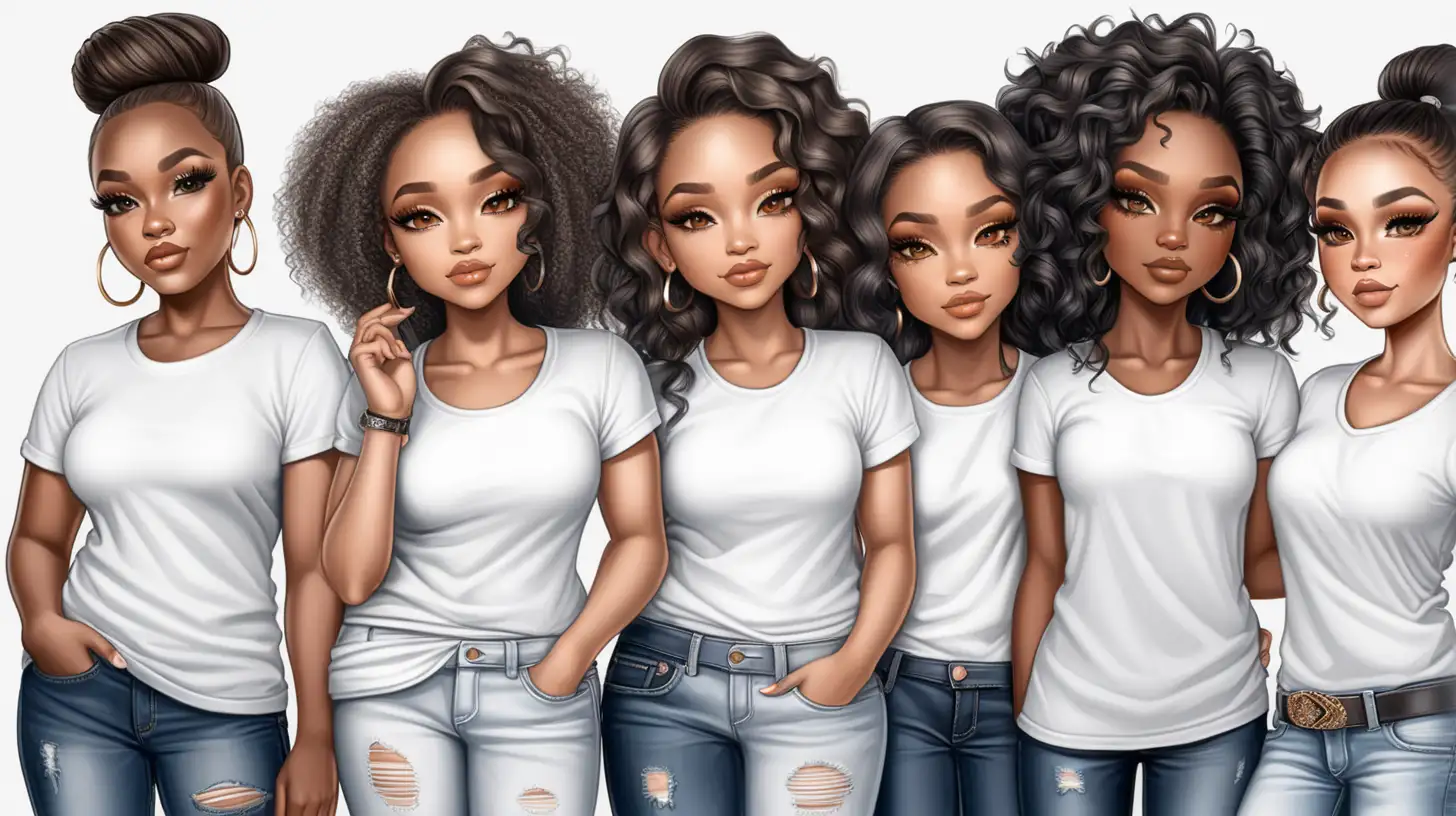 Hyper Realistic ChibiStyle Black Women in Chic White TShirts and Jeans