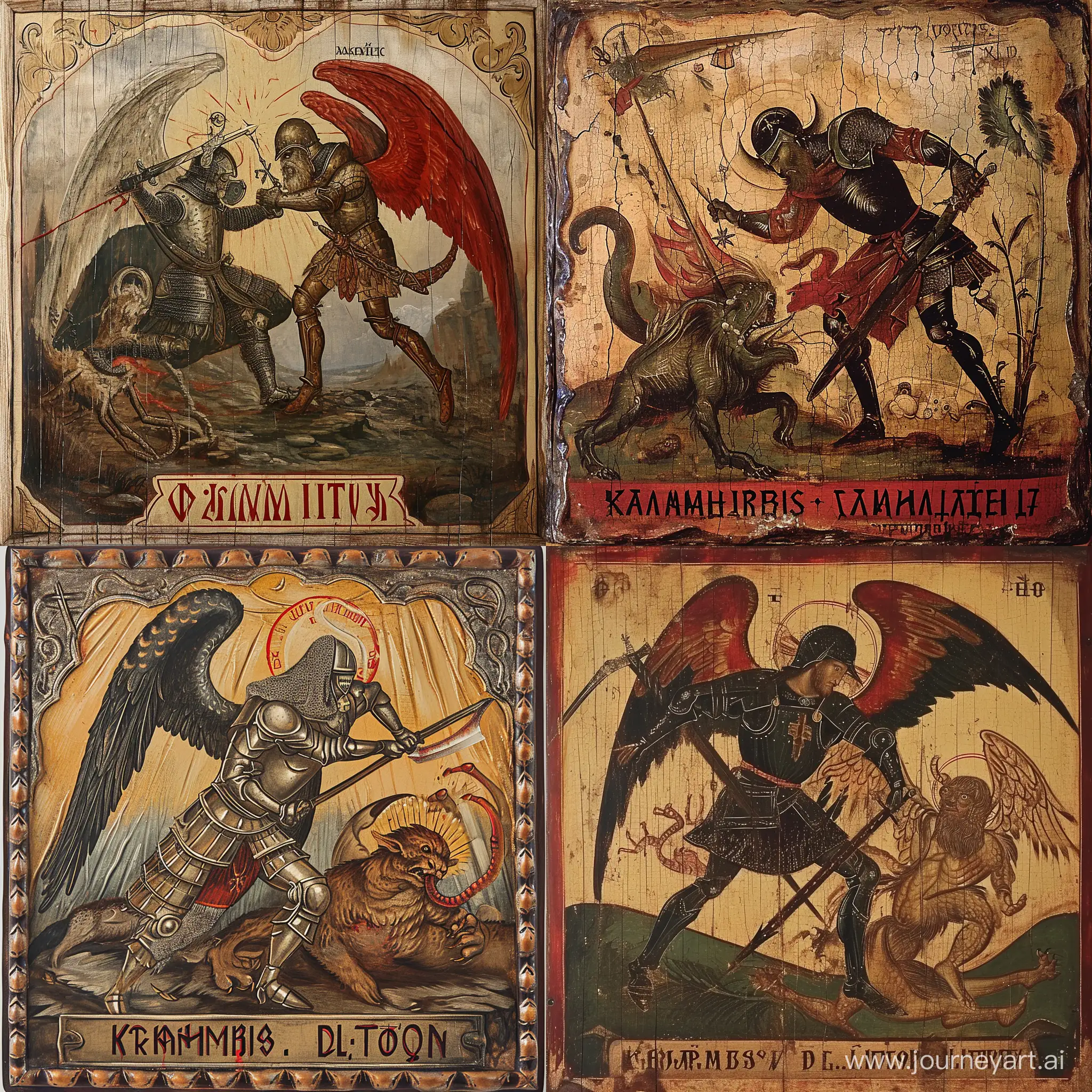 the icon of the Amorphis religion, which depicts a knight killing the demon krampus and D. Litov is written below