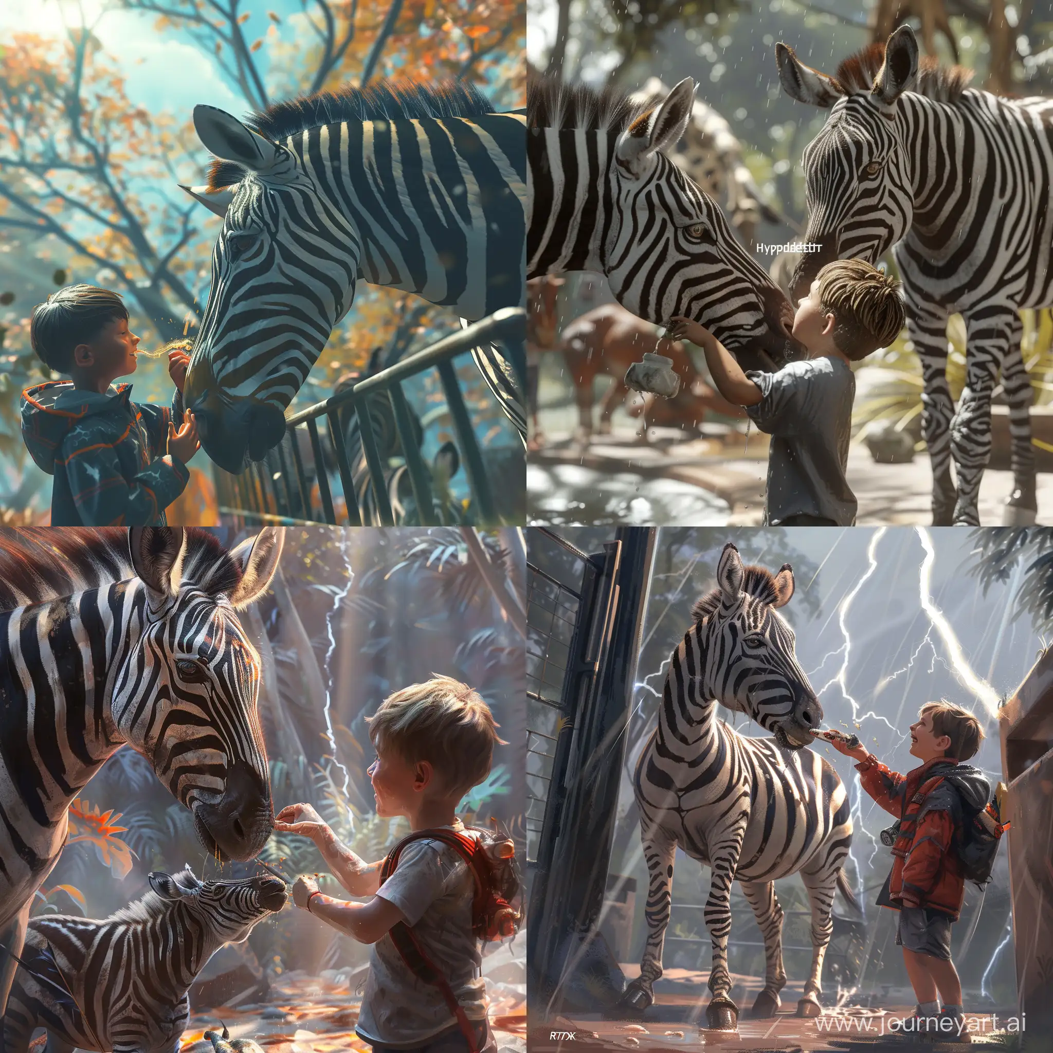 I want you to draw a kid in the zoo and he enjoying feeding the zebra, Cinematic, Hyper-detailed, insane details, Beautifully color graded, Unreal Engine, DOF, Super-Resolution, Megapixel, Cinematic Lightning, Anti-Aliasing, FKAA, TXAA, RTX, SSAO, Post Processing, Post Production, Tone Mapping, CGI, VFX, SFX, Insanely detailed and intricate, Hyper maximalist, Hyper realistic, Volumetric, Photorealistic, ultra photoreal, ultra-detailed, intricate details, 8K, Super detailed, Full color, Volumetric lightning, HDR, Realistic, Unreal Engine, 16K, Sharp focus.