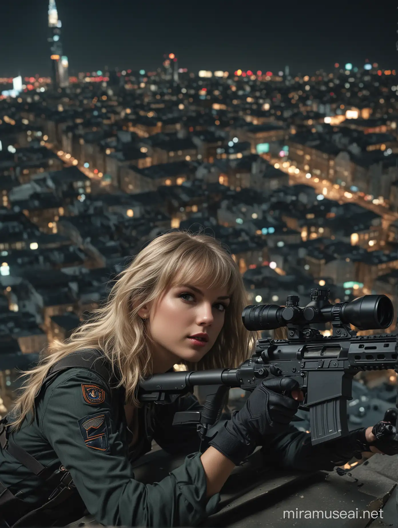 A beautiful Taylor swift, assassin with jet blonde hair lying down in a prone position, targeting an enemy in the distance with a long-range sniper rifle. She is on the rooftop of the city center looking down on a populated marketplace at night, with ambient lights from buildings and the city. The scene features a highly detailed city with a cinematic 8k UHD ProRes color-graded professional look and feel, providing amazing quality. The perspective is over the shoulder.