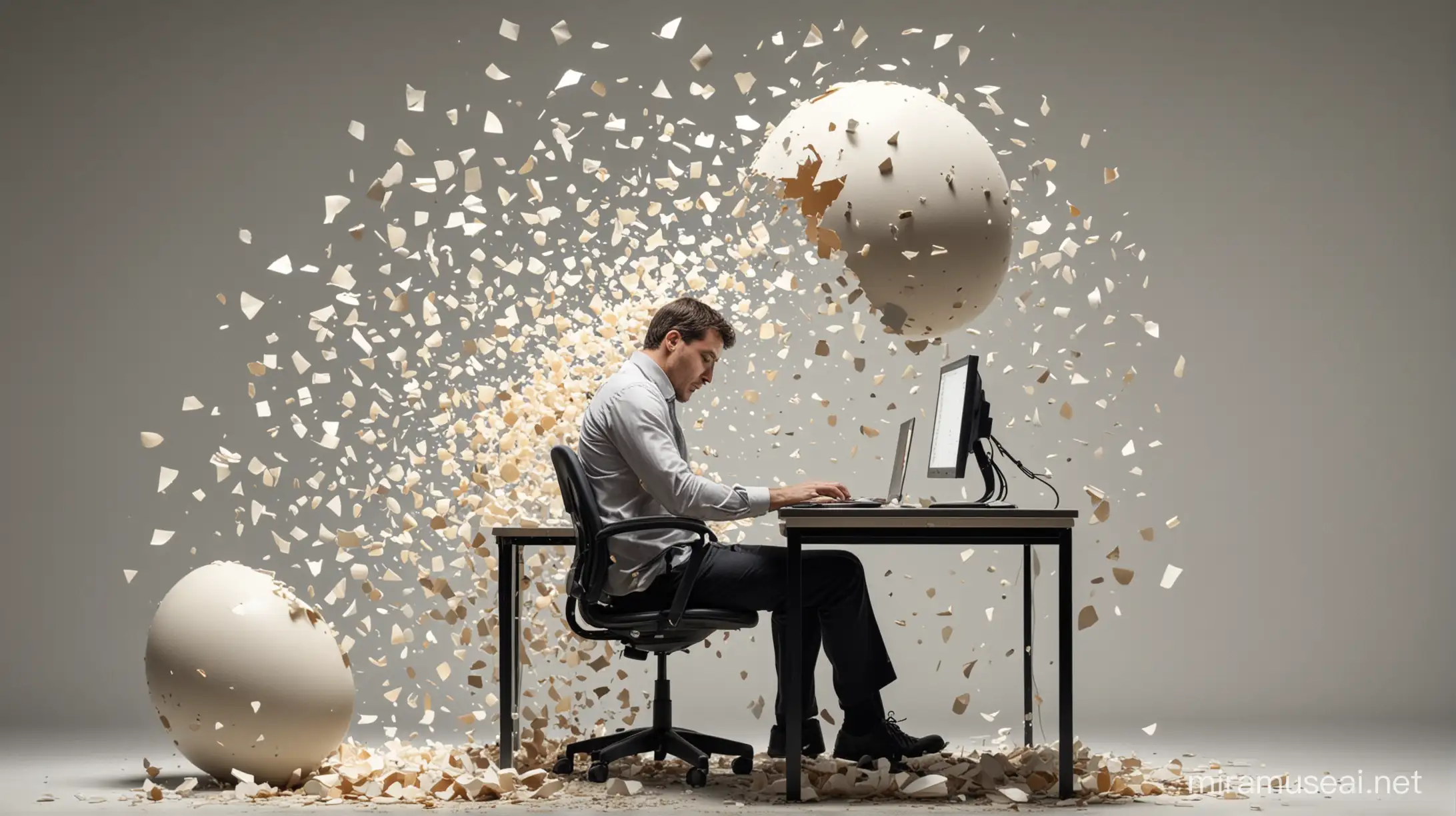 一个男人坐在电脑桌前工作，侧写，男人的身体变成鸡蛋壳，破碎，碎片掉落在地板上