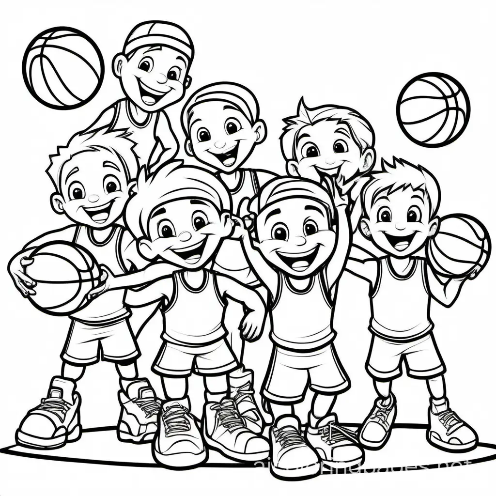 Group of happy basketball playing characters, Coloring Page, black and white, line art, white background, Simplicity, Ample White Space. The background of the coloring page is plain white to make it easy for young children to color within the lines. The outlines of all the subjects are easy to distinguish, making it simple for kids to color without too much difficulty