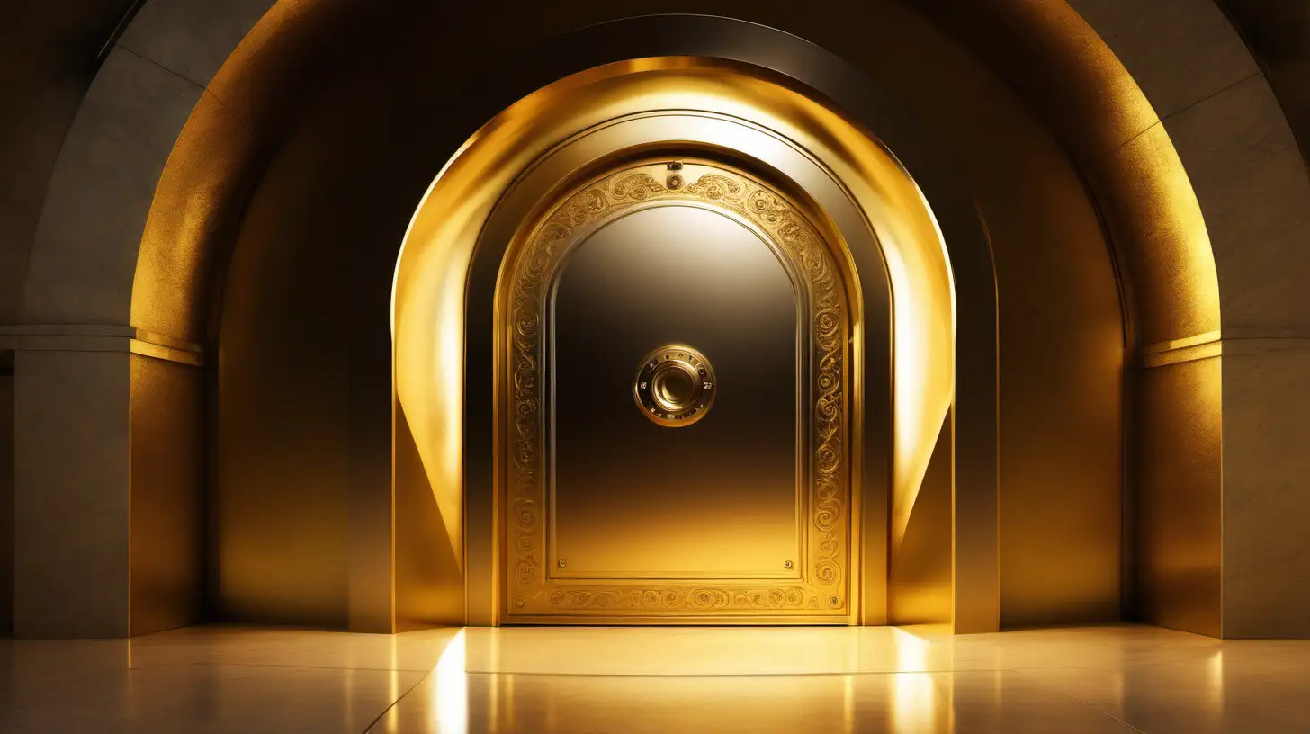 An expansive vault door wide open, revealing a cache of gleaming gold), (Nikon Z7 with a 35mm f/1.8 lens), (Warm, radiant lighting accentuating the brilliance of the gold inside the vault), (Still life photography style capturing the allure of the wide-open vault door and the gleaming gold within