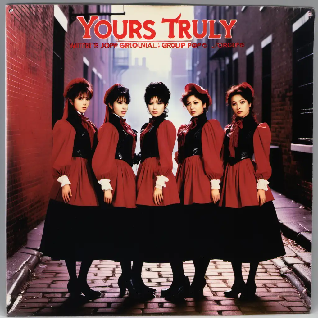 record sleeve for 1980s j-pop group, with realistic photograph of young adult female singers, dressed in Victorian clothes, in a red brick alley, gas-lit and misty, title is “Yours Truly”, includes company logo and price markings, slightly worn condition