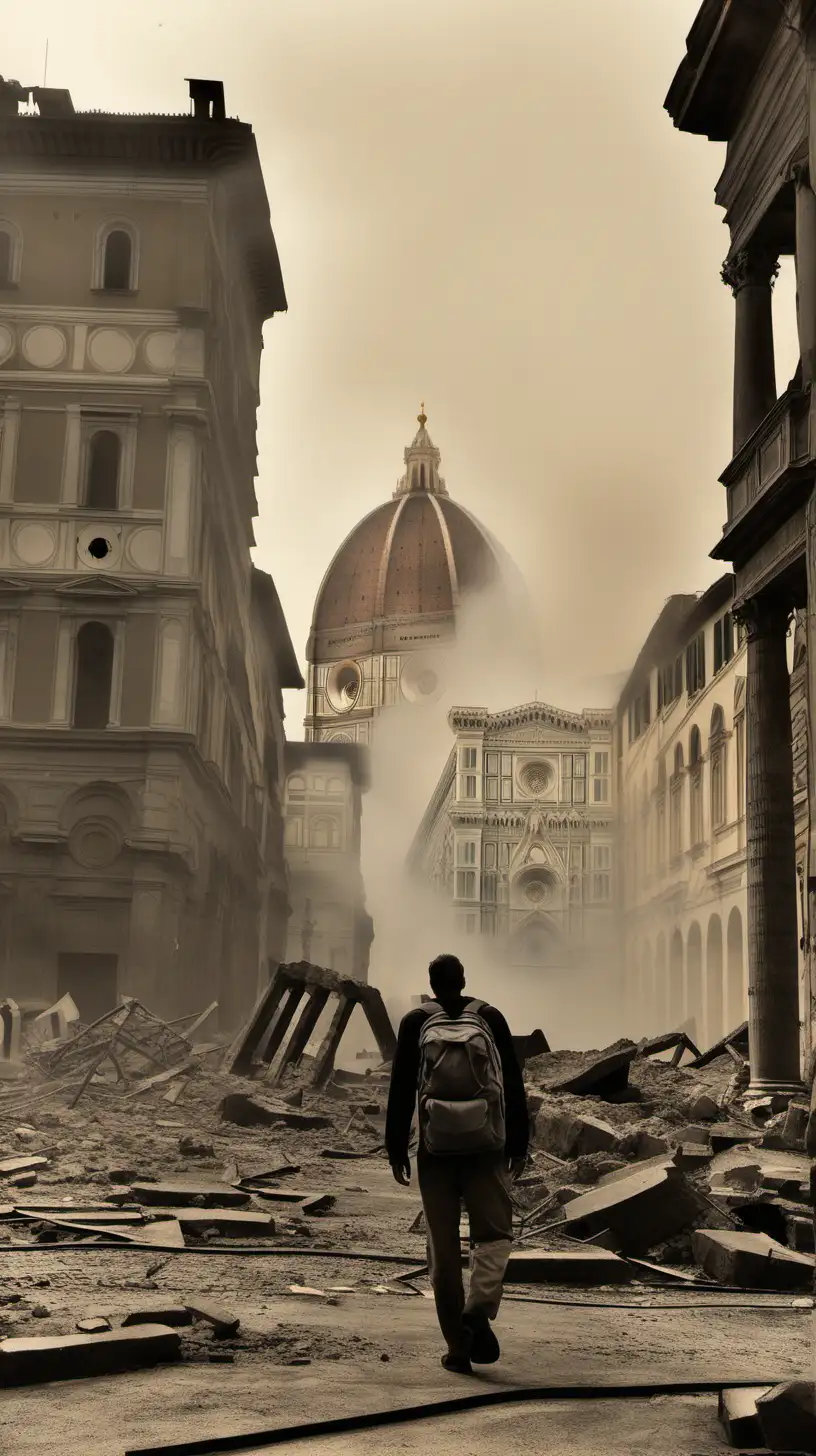Florence (Italie) apres un grand bombardement. Seul, un homme avec un sac à dos marche entre les ruines et les incendies de la ville.
