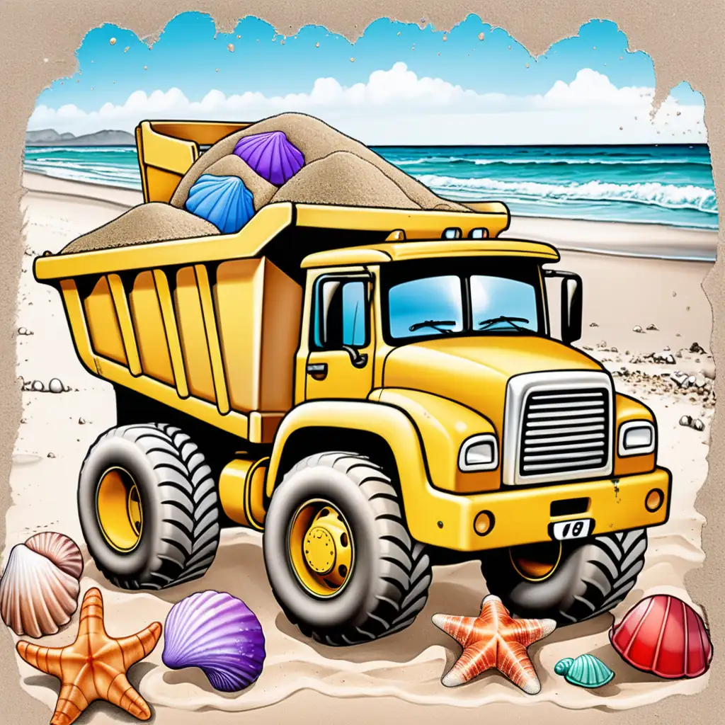 Cartoon dump truck vehicle on the beach, seashells, beach toys, sand, 7 colors in image, distressed edges on image