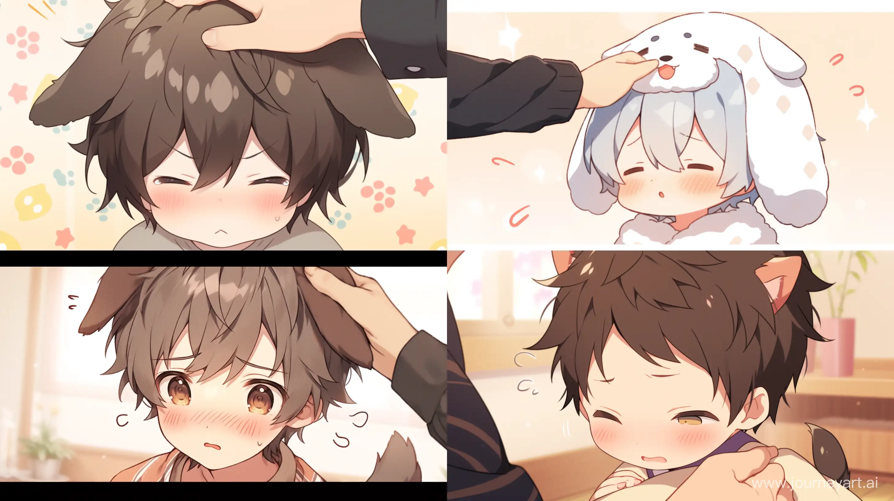 anime style, a boy got patted on the head because he is a good boy, slightly chibi style, satisfied expression , best quality --ar 16:9 --niji 5 --q 2