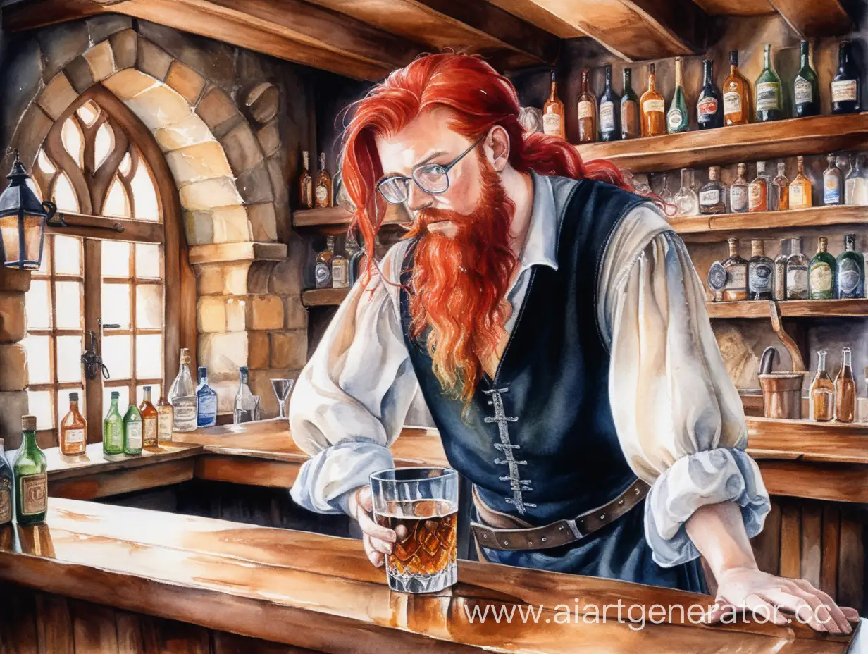 бармен с рыжими волосами и бородой стоит за барной стойкой средневековой таверны и протирает стакан тряпкой, watercolor painting