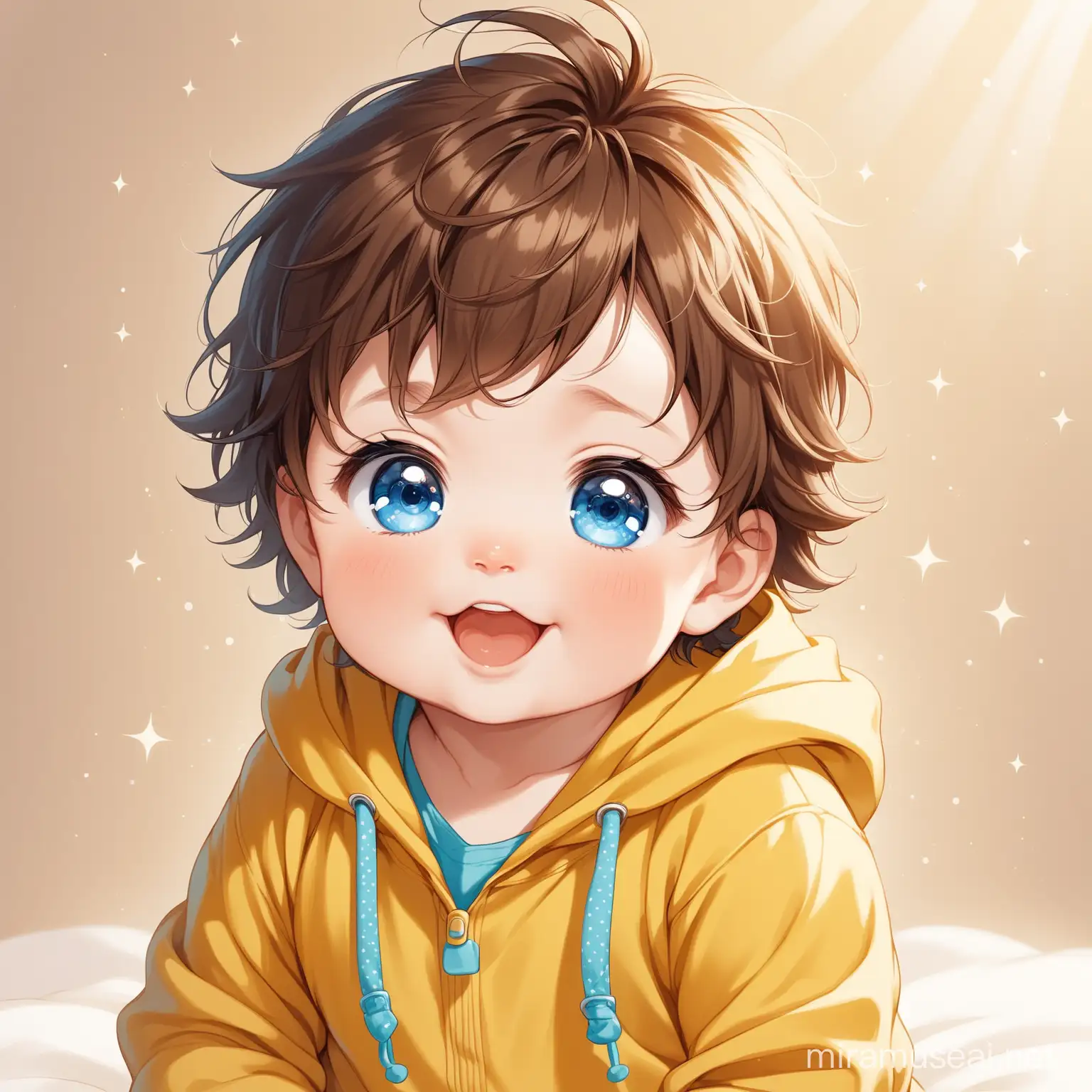 Cute and happy baby boy with blue eyes, messy brown hair wearing a yellow hoodie.