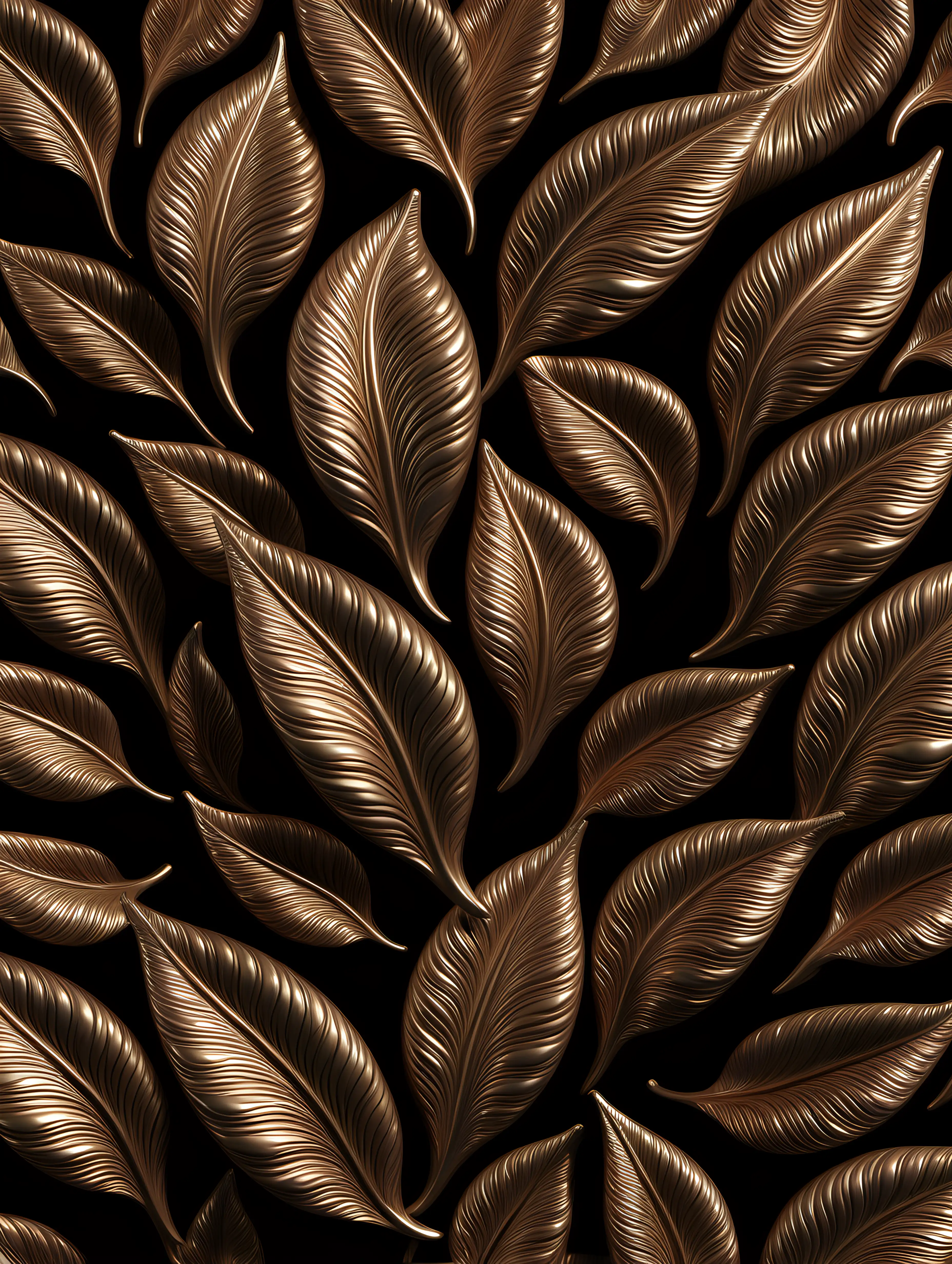 3D bronze leave pattern, vintage style, black background