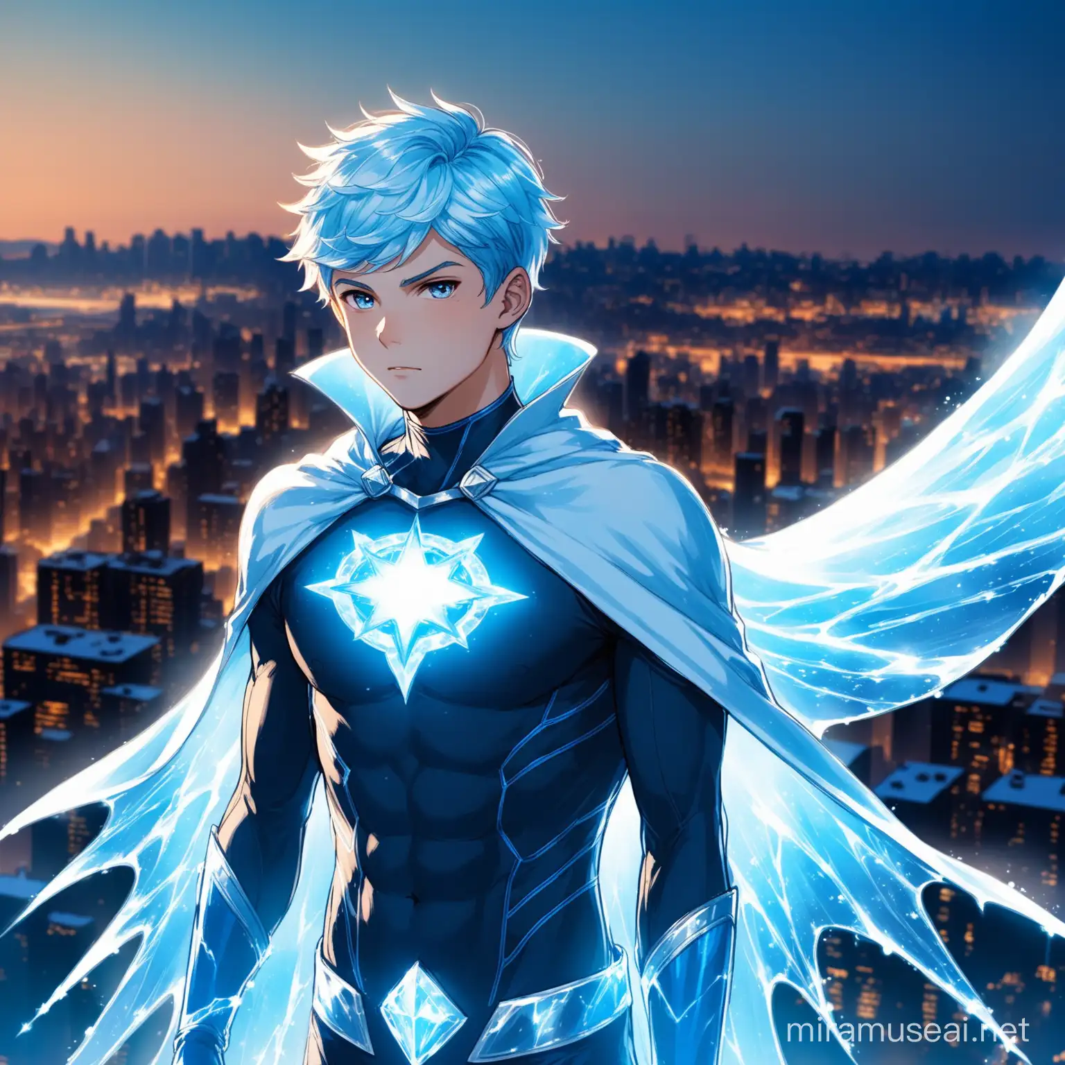male twink superhero, ice powers, dramatic cape, no mask, tight blue and white costume, rim lighting, city background
