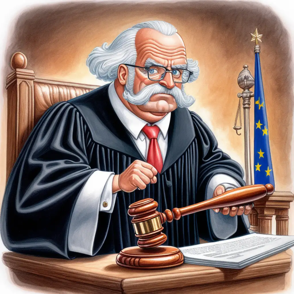 Create an image of an EU judge with one gavel. The image must be in the style of Matt Wuerker