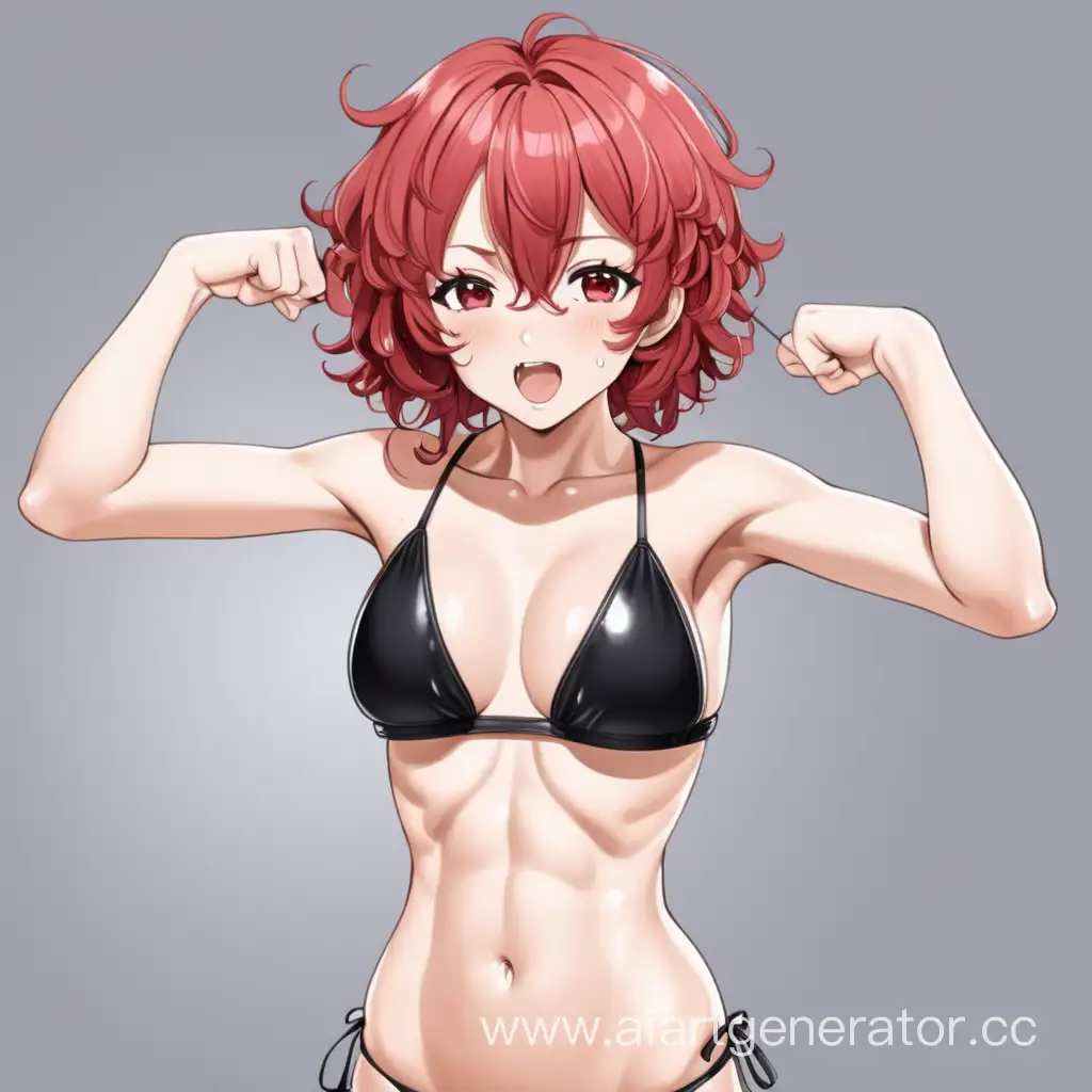 Anime gir small breast short hair, wearing a black two pieces bikini red curli hair. blushing  because you are looking at her. 
She is working out her abdominasl, doing crunches, make her sweat 